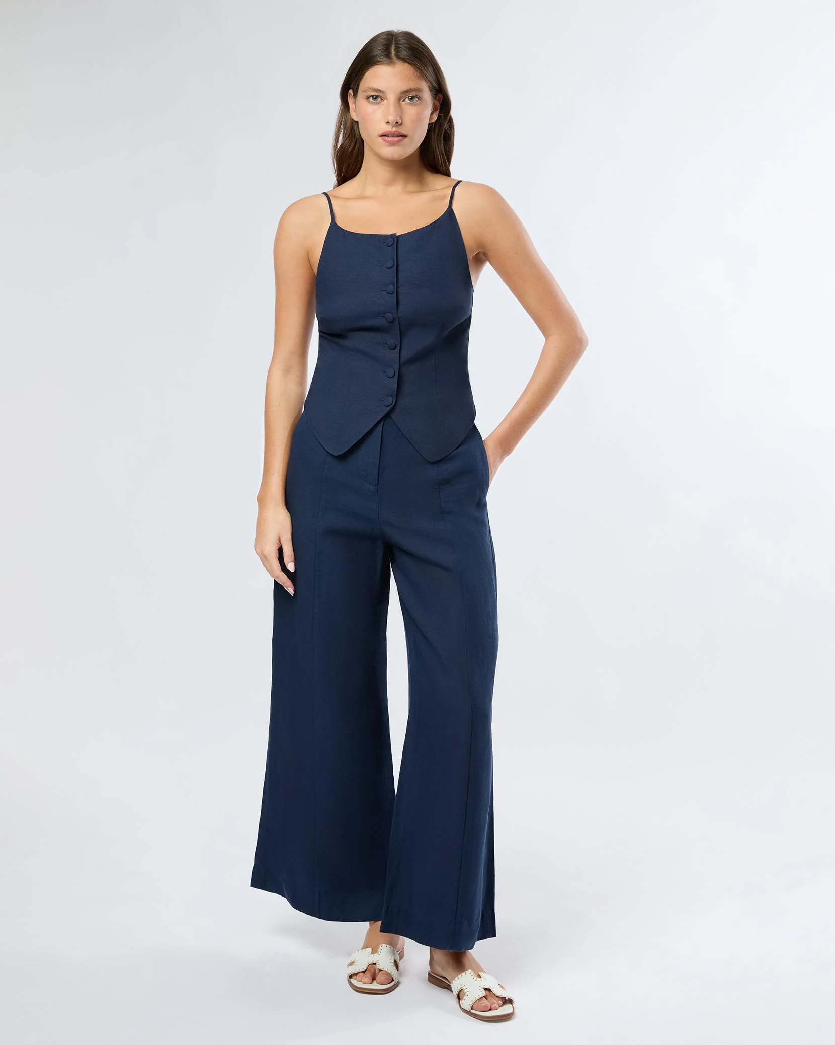Womens | Air Linen High Neck Top | Deep Navy - Image 3