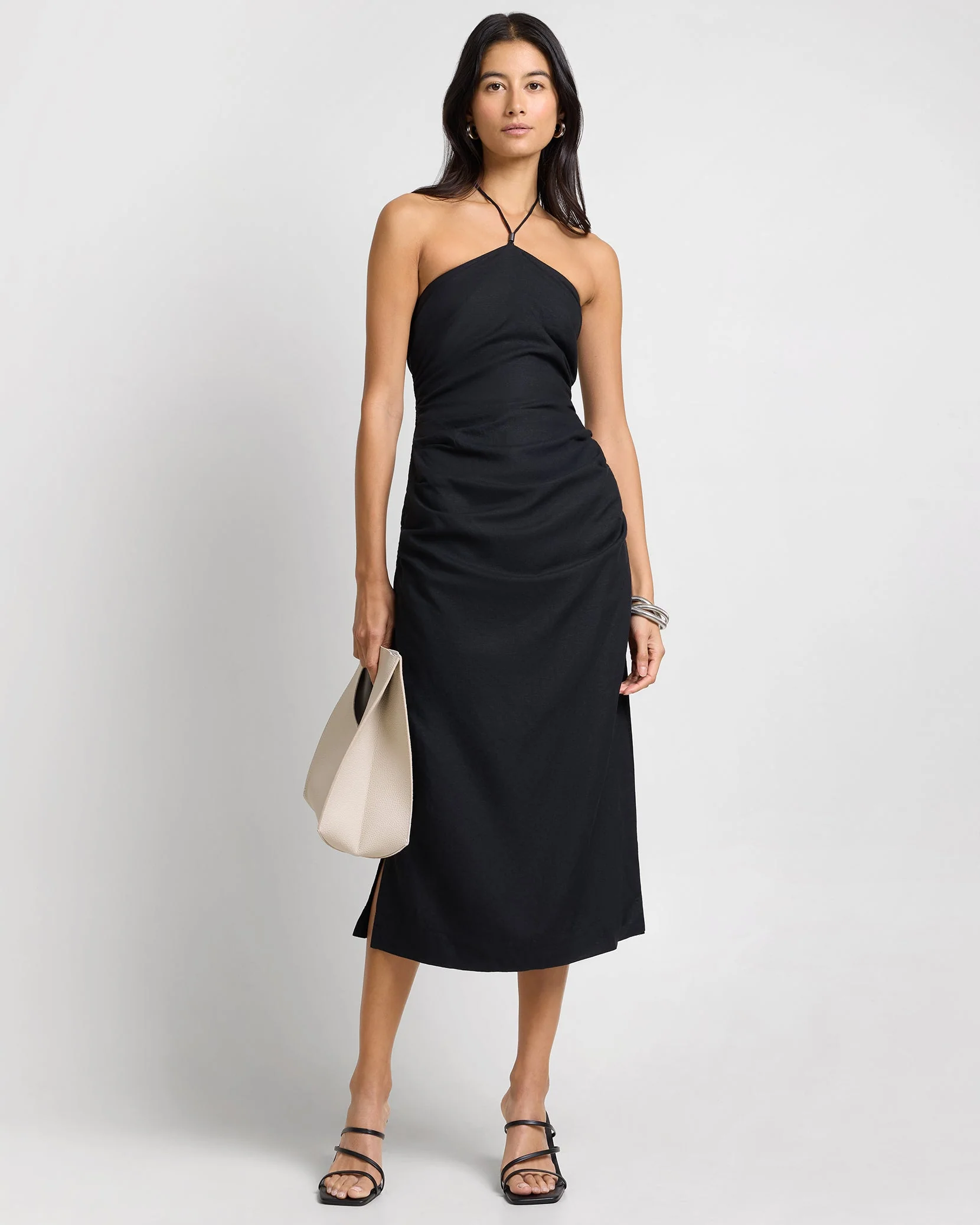 Womens | Air Linen Ruched Halter Dress | Black