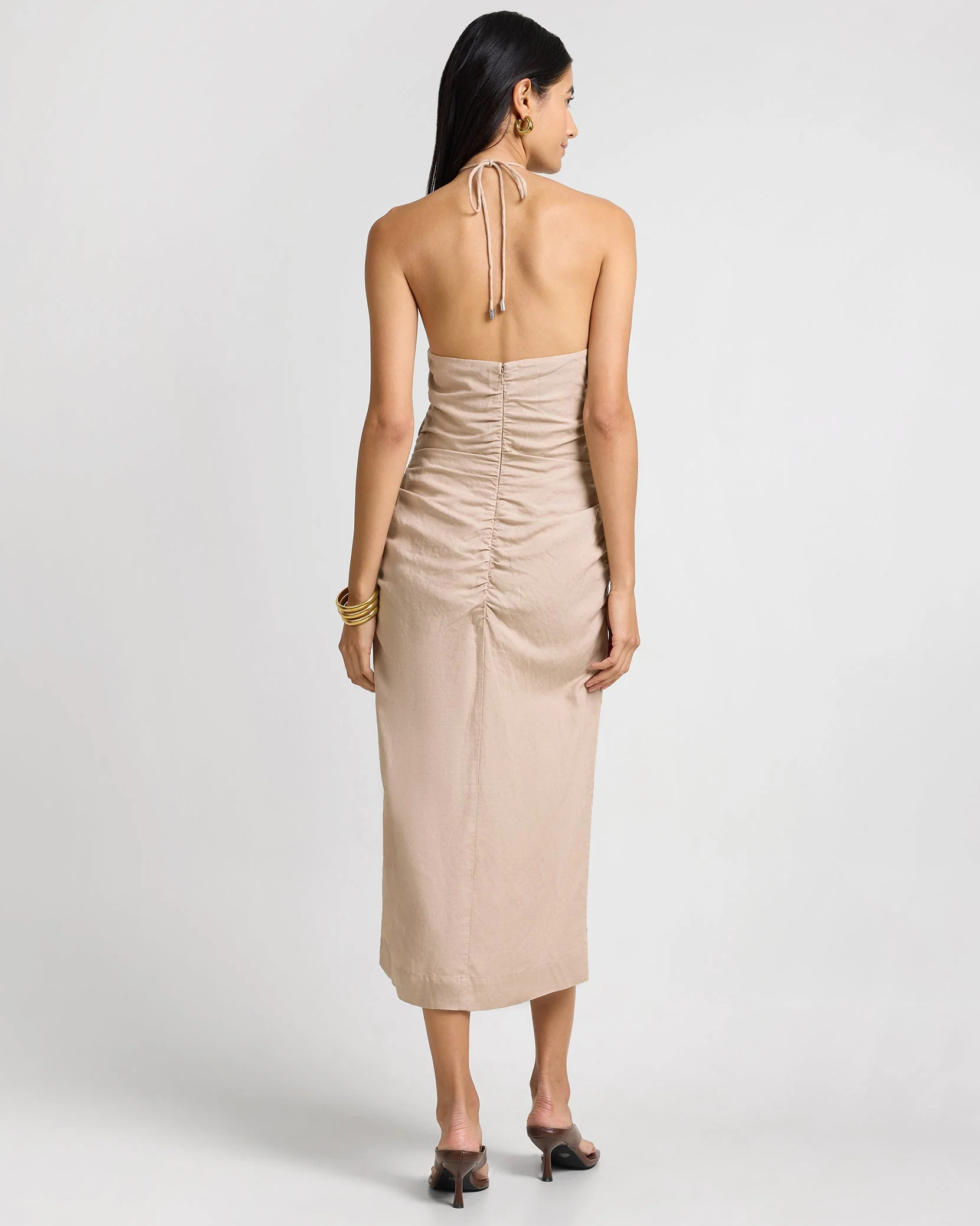 Womens | Air Linen Ruched Halter Dress | Jute - Image 6