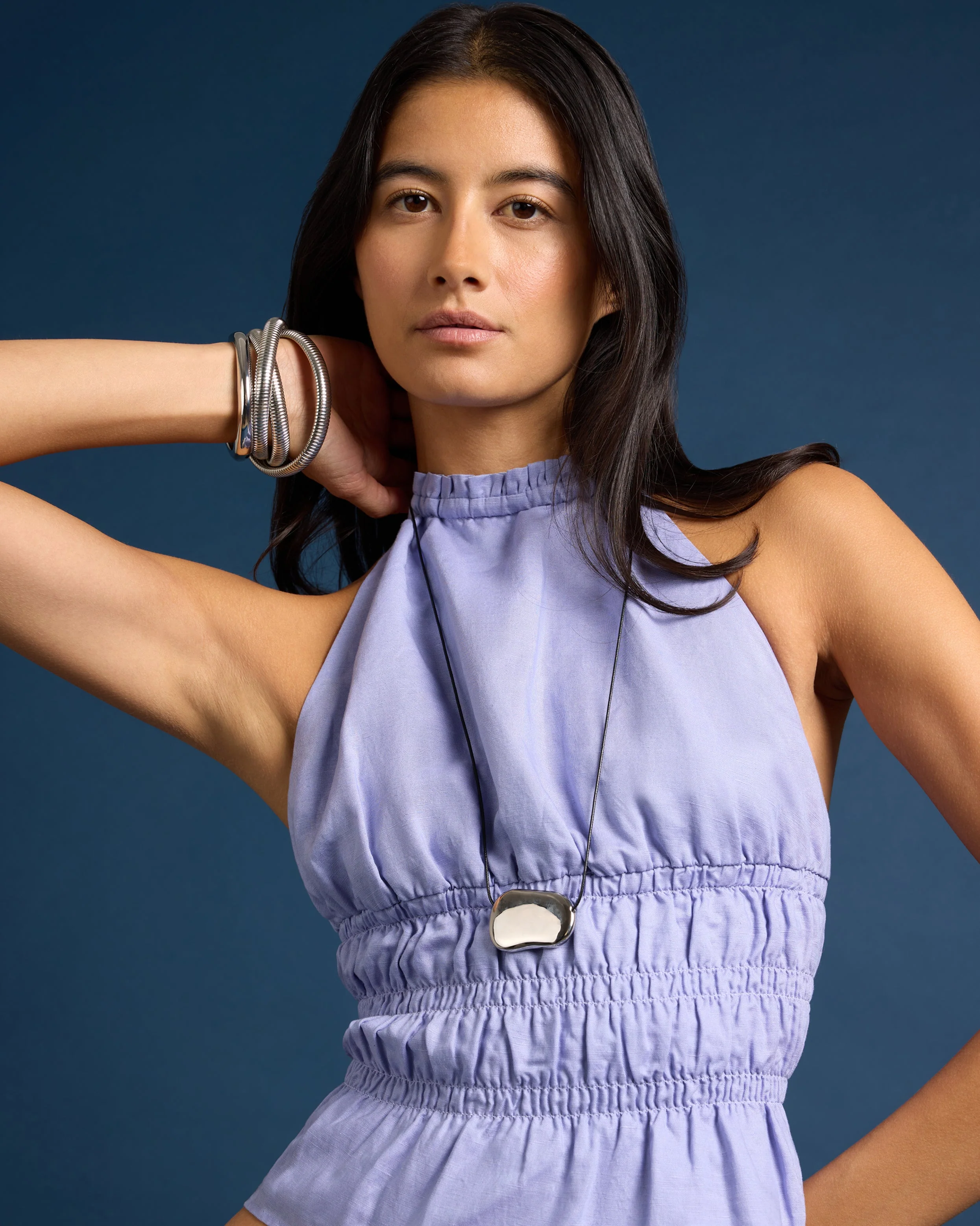 Womens | Air Linen Smocked Halter Top | Periwinkle - Image 2