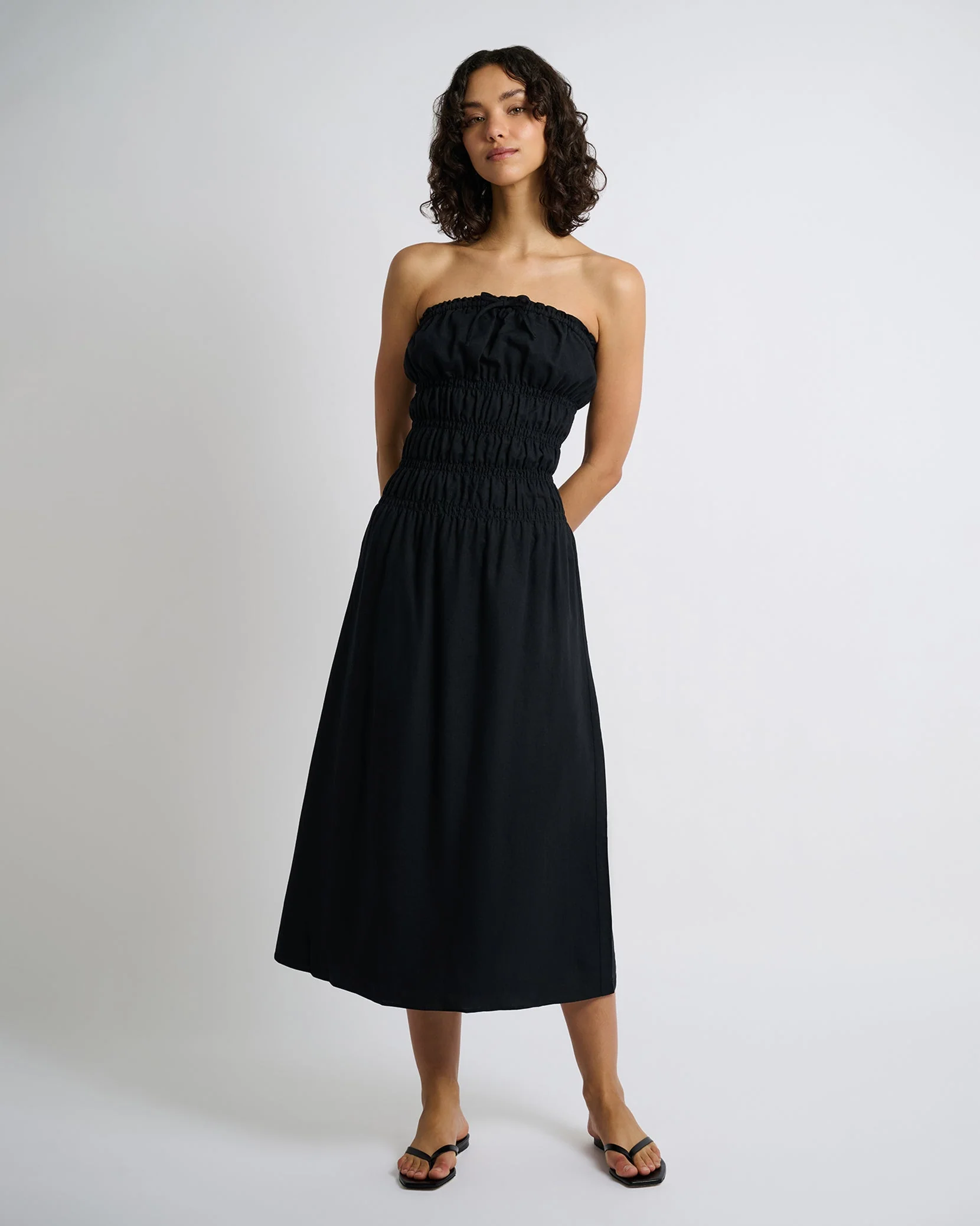 Womens | Air Linen Smocked Maxi Dress | Black - Image 3