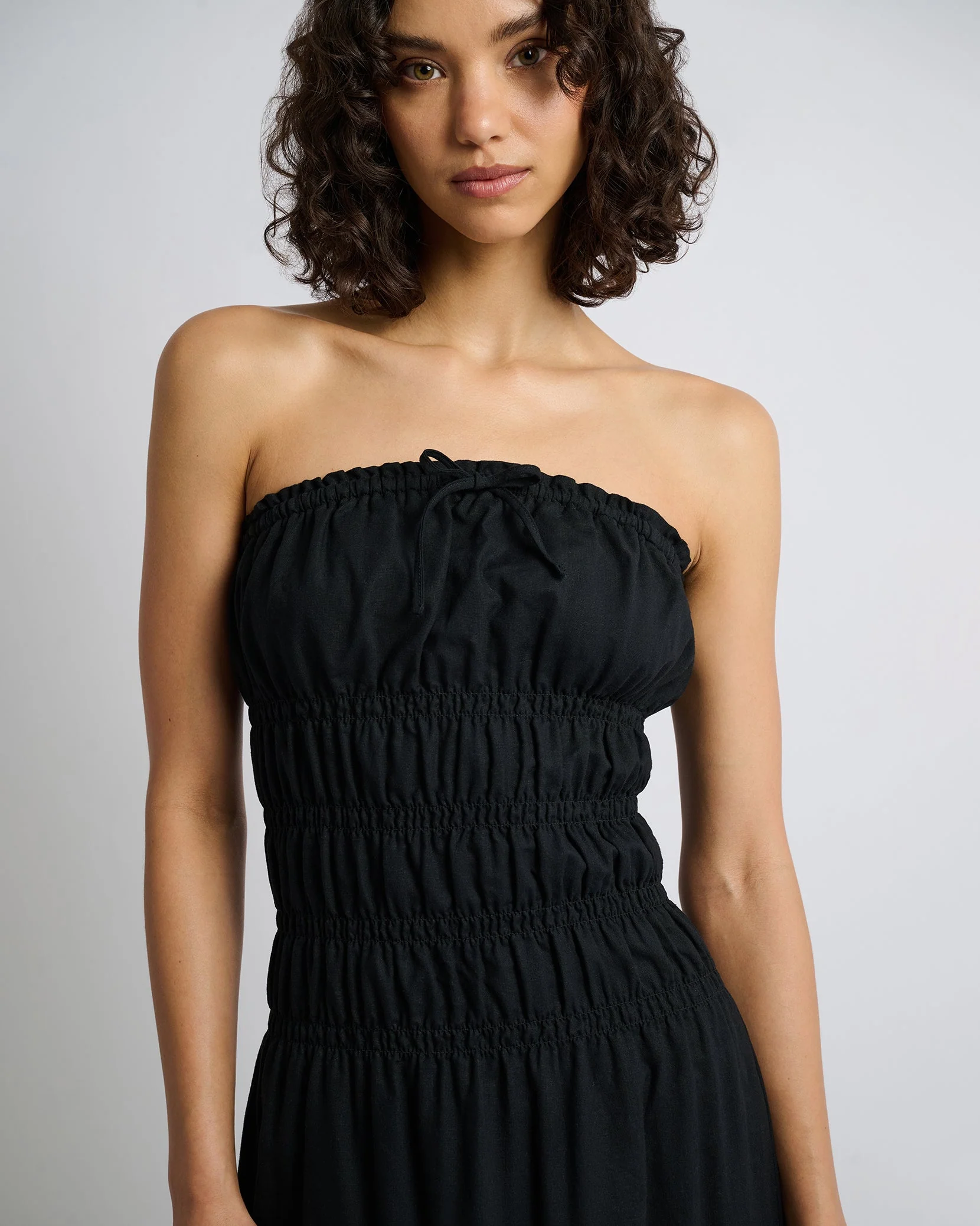 Womens | Air Linen Smocked Maxi Dress | Black - Image 4