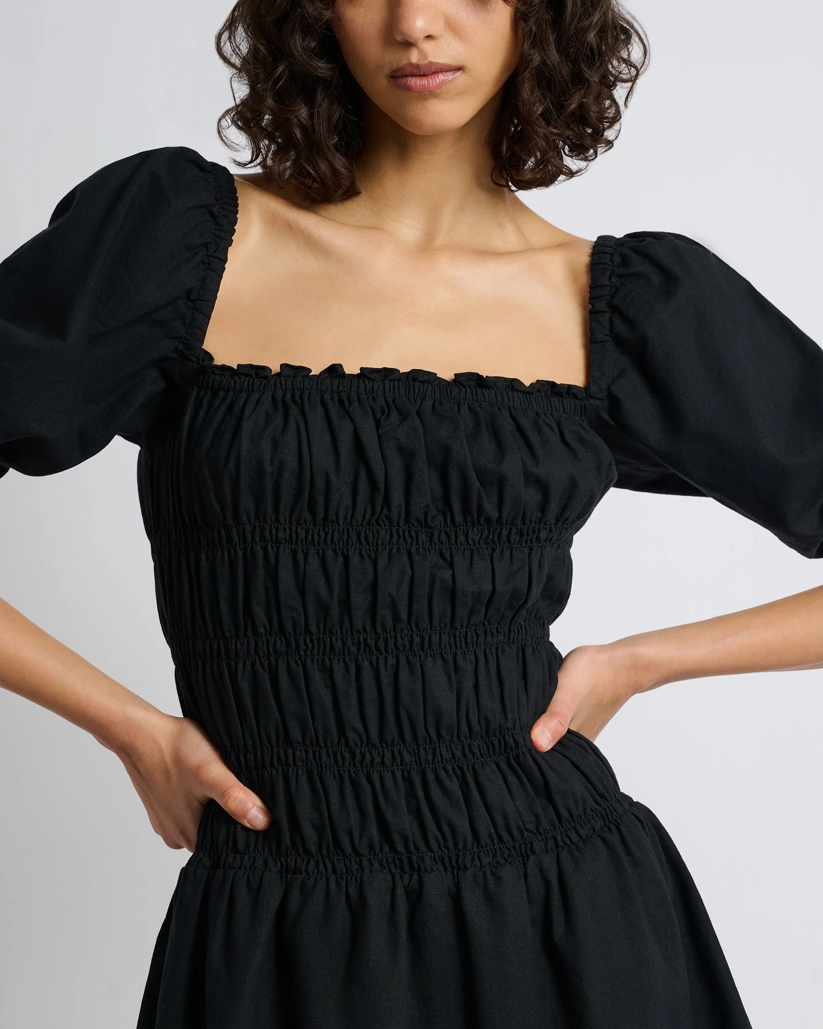 Womens | Air Linen Smocked Mini Dress | Black - Image 4