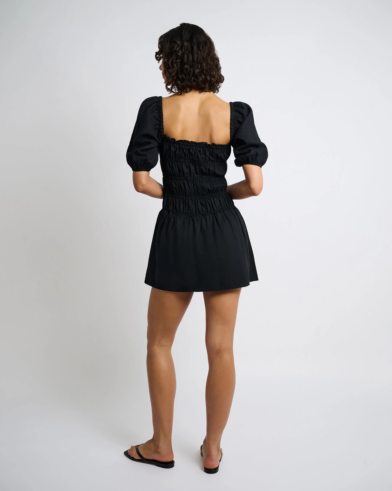 Womens | Air Linen Smocked Mini Dress | Black - Image 6