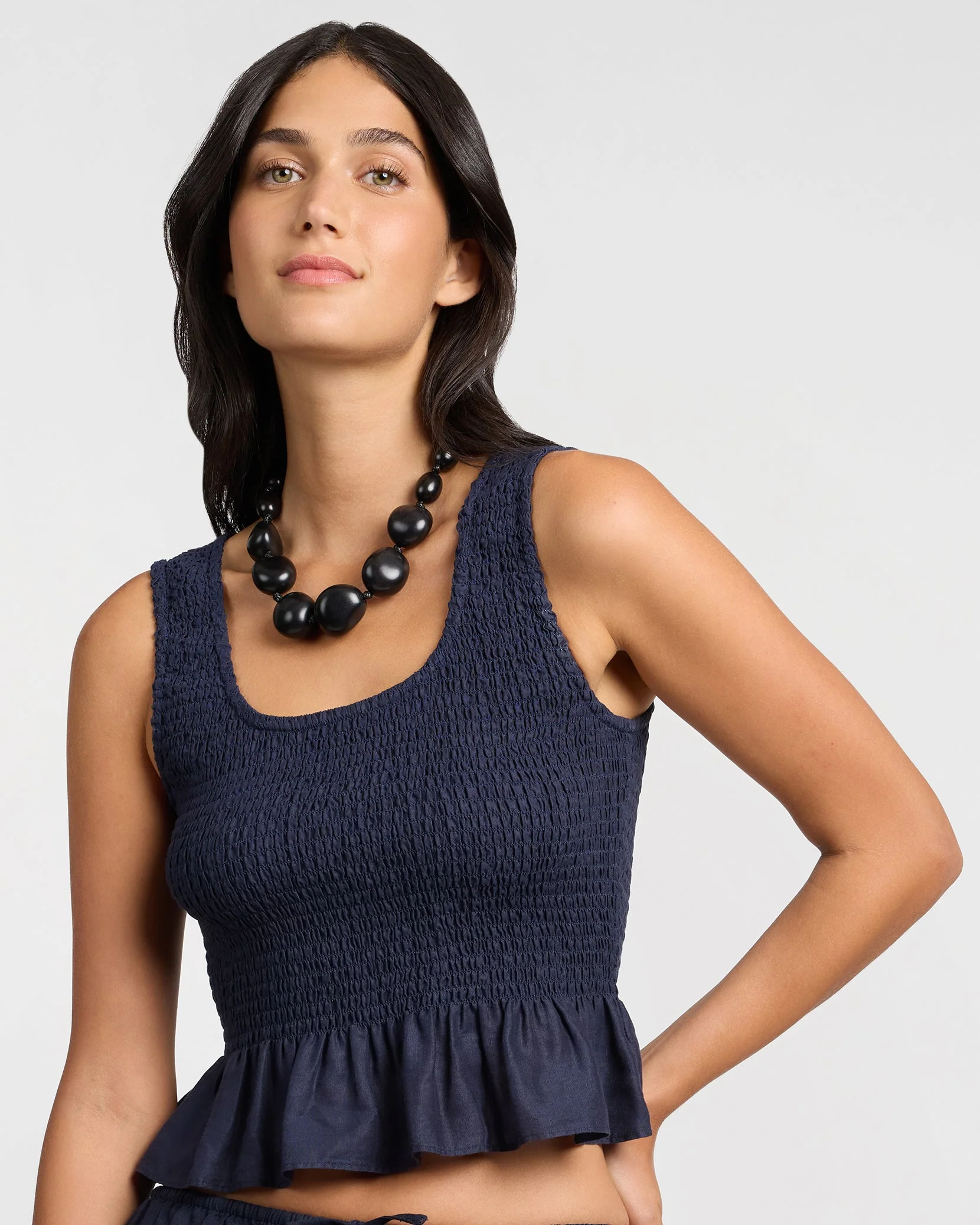 Womens | Air Linen Smocked Tank | Noir Navy
