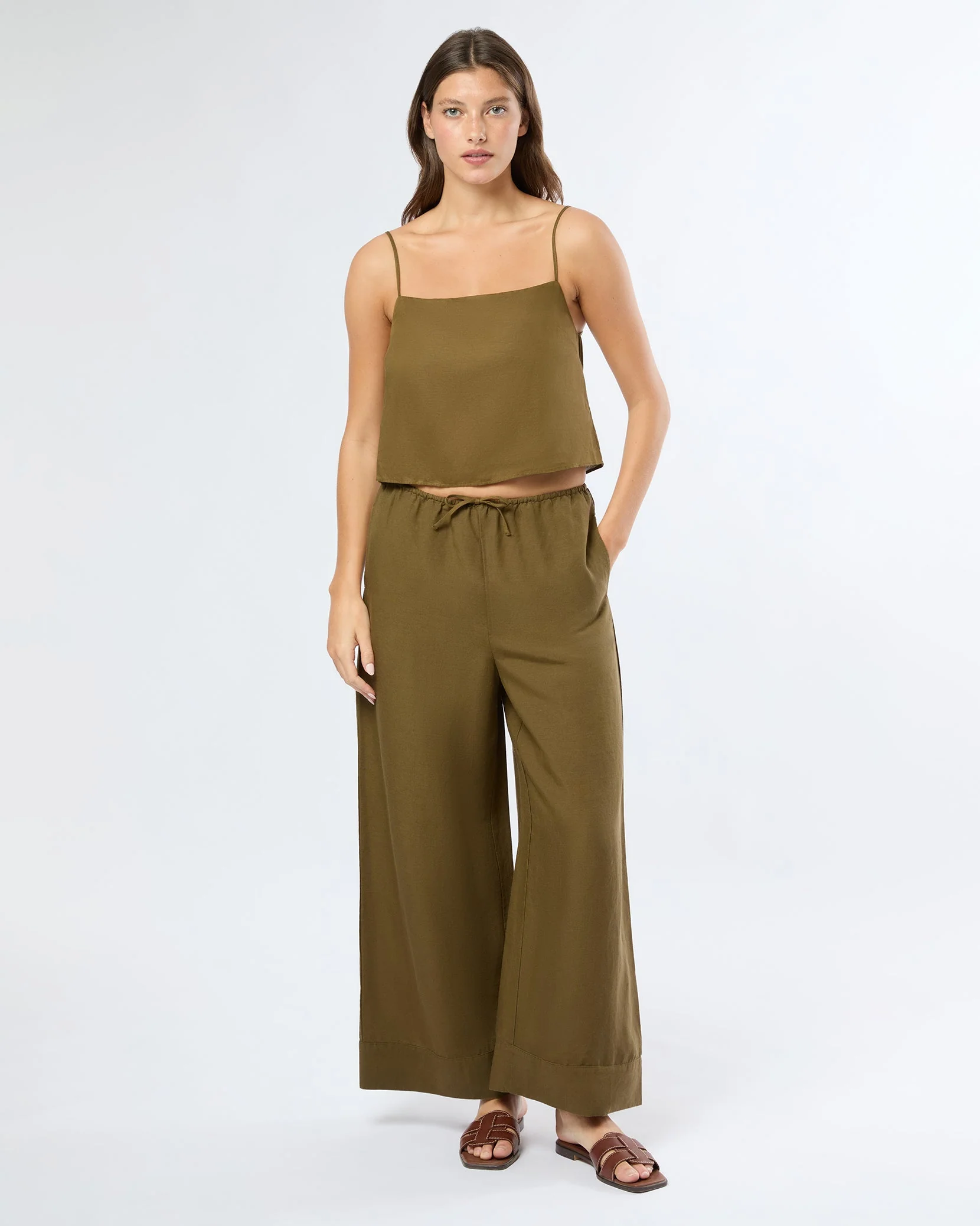 Womens | Air Linen Square Neck Tank Top | Olive - Image 3
