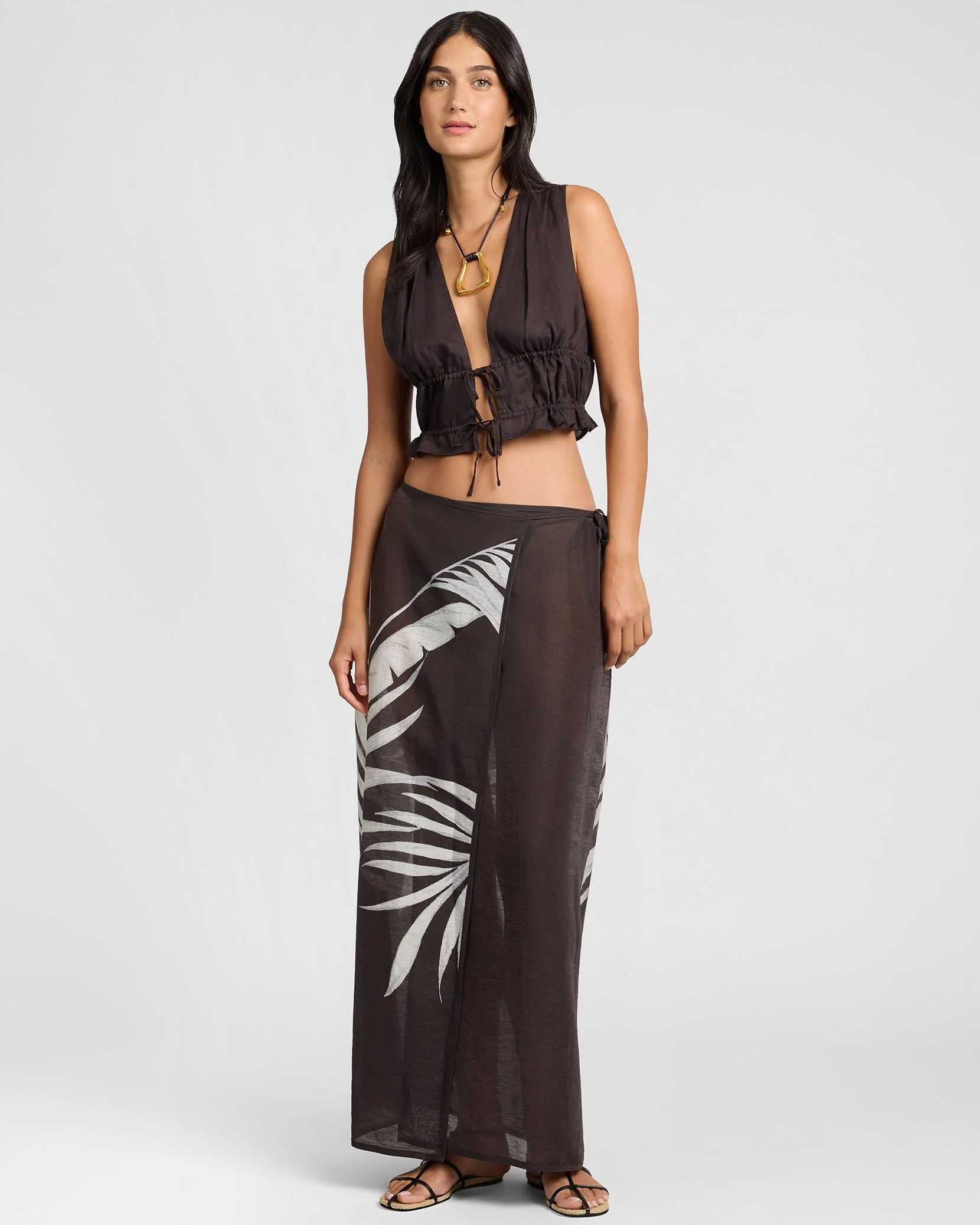 Womens | Air Linen Tie Front Top | Espresso - Image 3