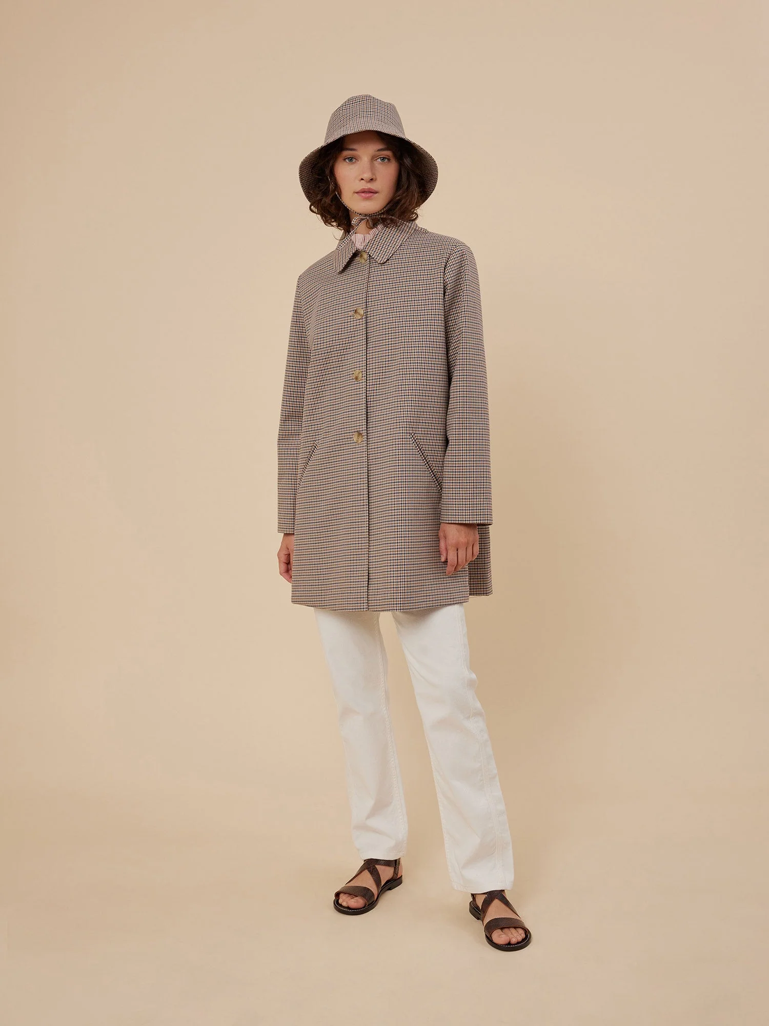 Women | A Line Four Button Houndstooth Coat | Beige