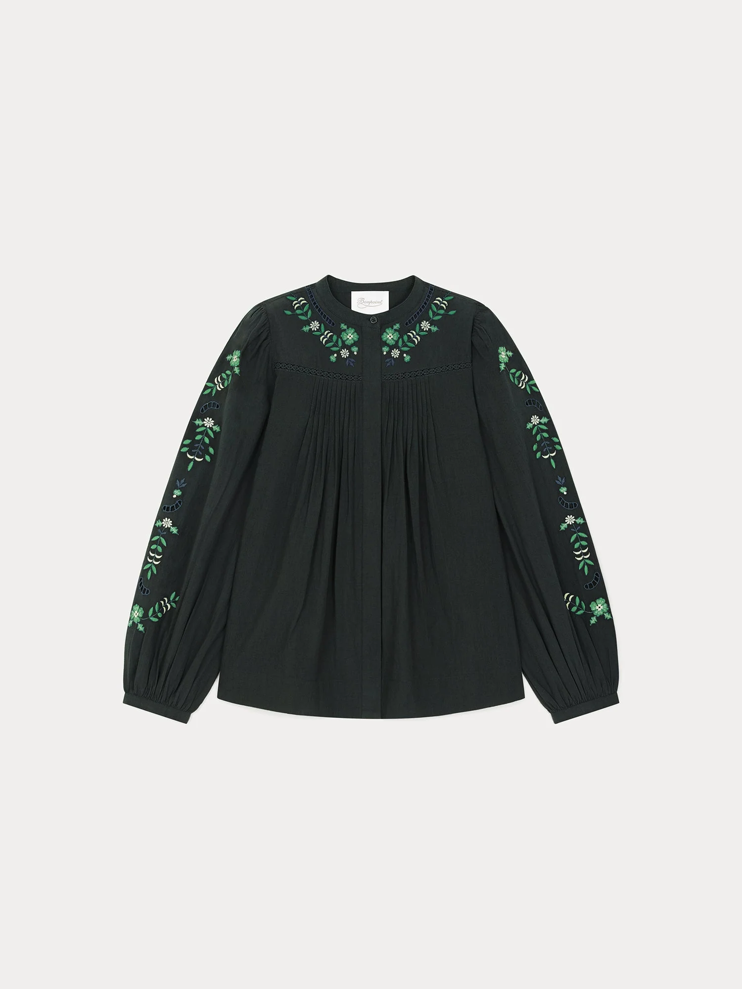 Women | Cotton Blouse With Green And Gray Flower Embroirdery | Blue