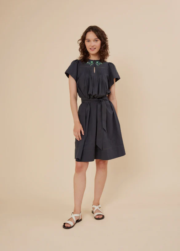 Women | Cotton Dress With Flower Embroidery | Blue - Image 2