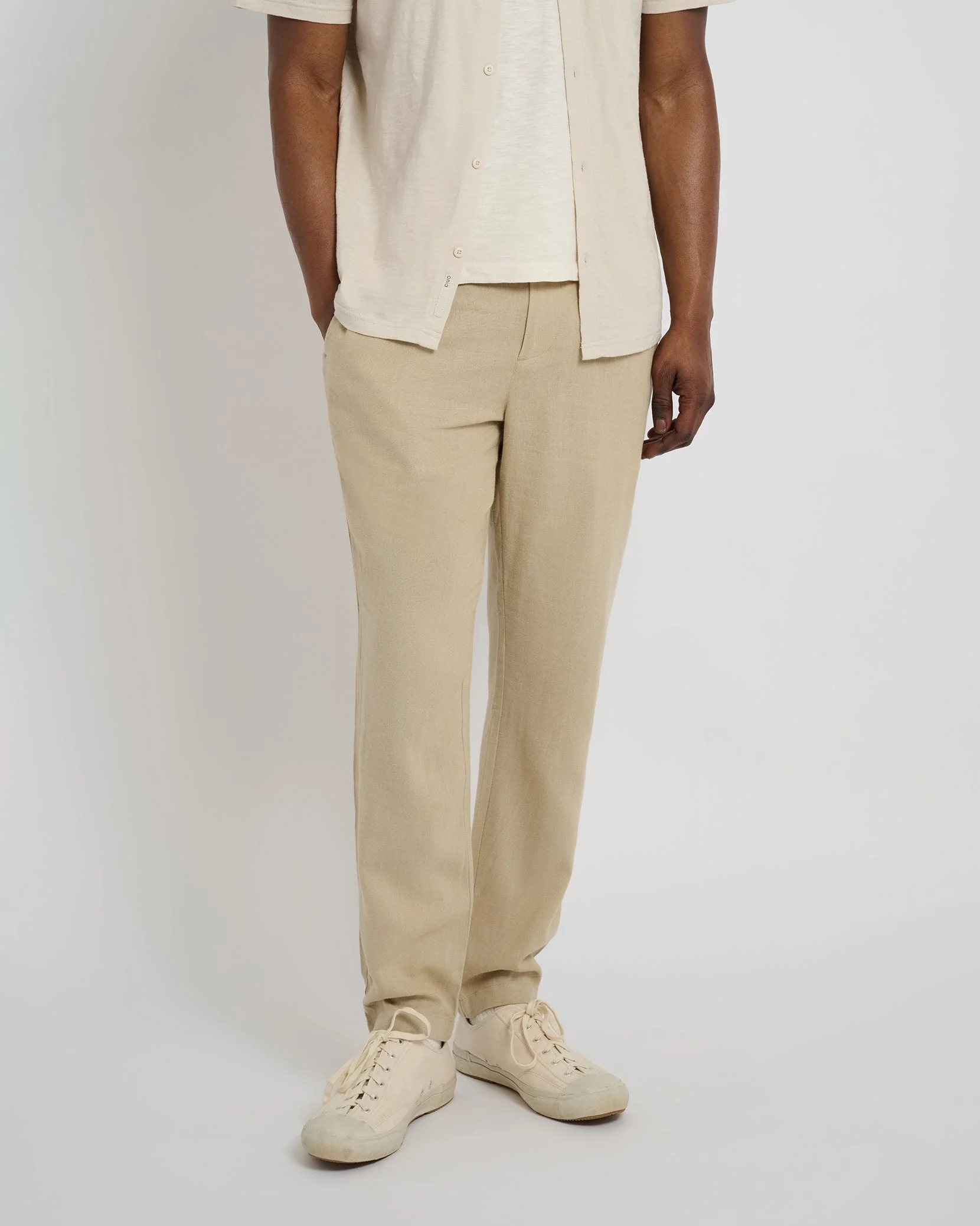 Mens | Button Front Elastic Linen Pant | Sand - Image 2