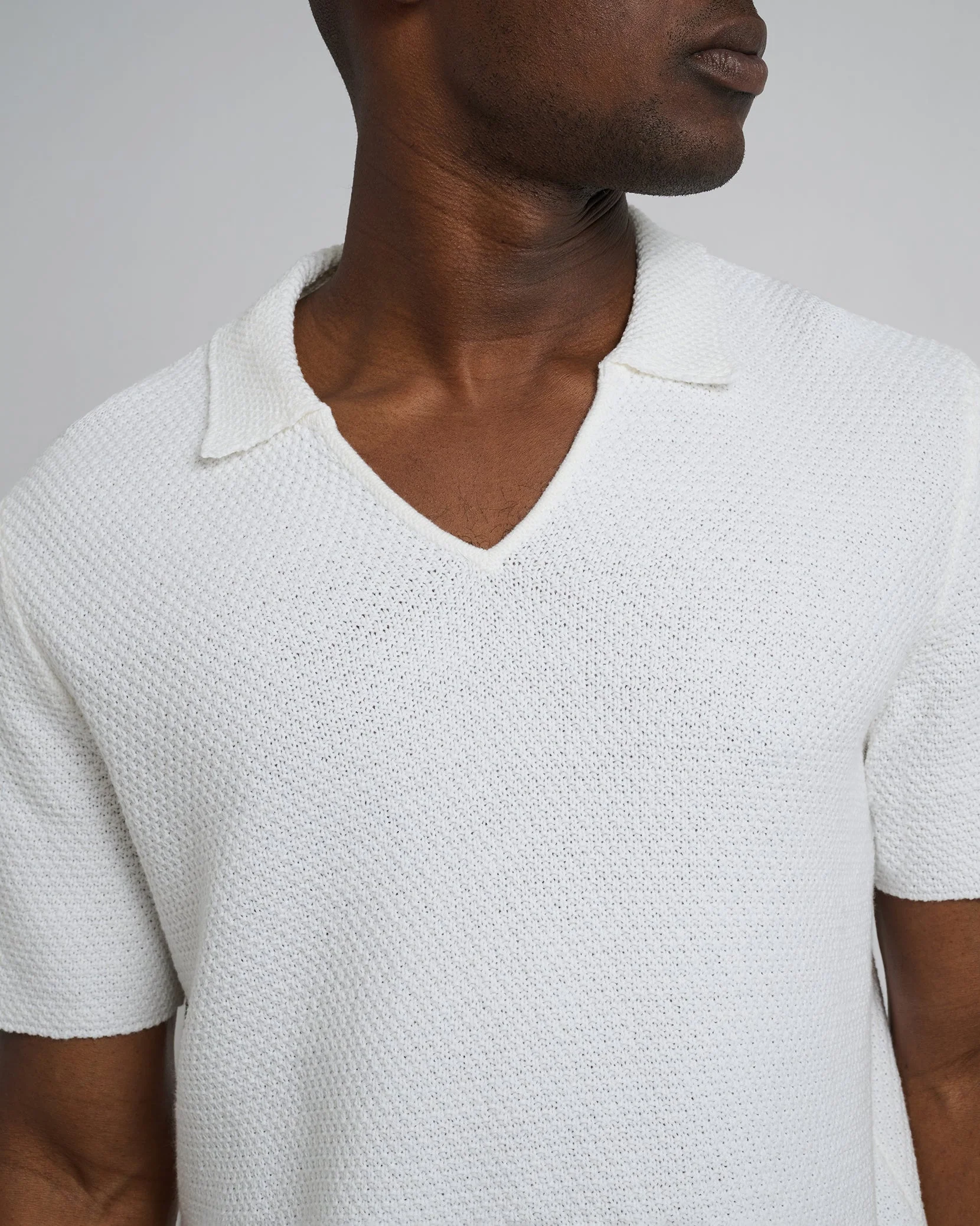 Mens | Cotton Crochet Johnny Collar Polo | White - Image 2