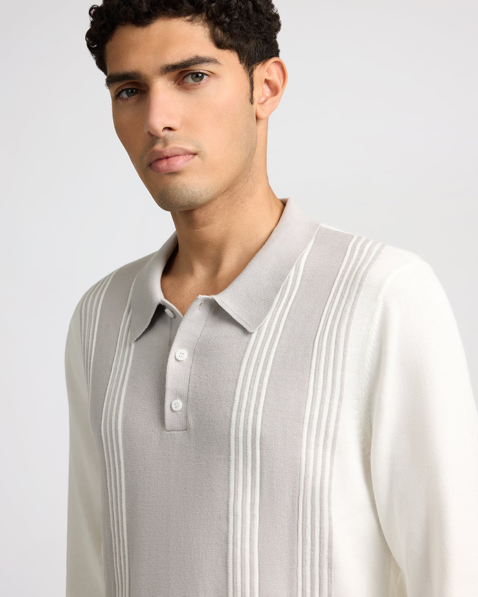 Mens | Cotton Knit Long Sleeve Polo Sweatshirt | Quiet Grey/White - Image 3