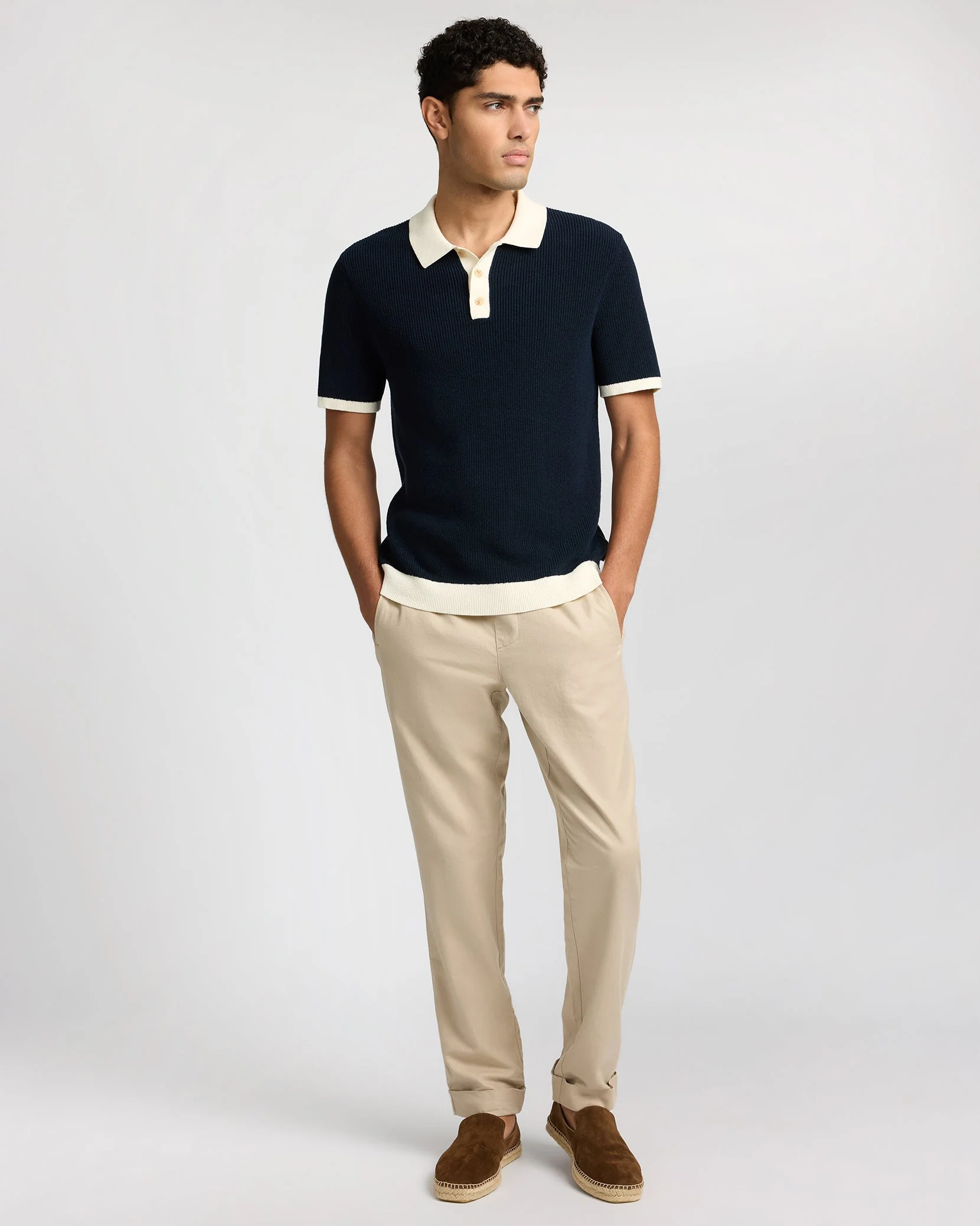 Mens | Cotton Linen Knit Polo | Midnight/Egret - Image 6