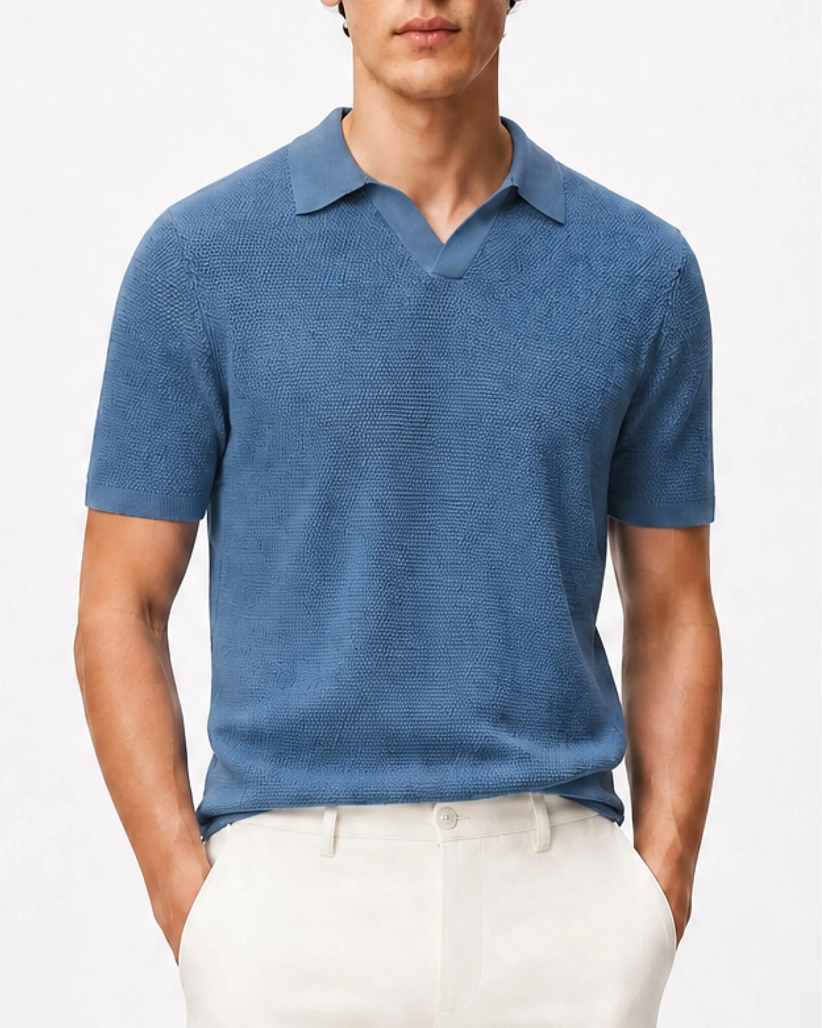 Mens | Cotton Textured Johnny Collar Polo | Marina - Image 2