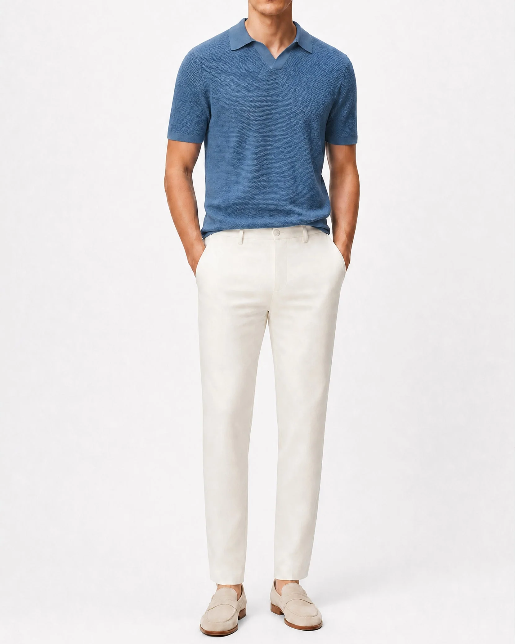 Mens | Cotton Textured Johnny Collar Polo | Marina - Image 3