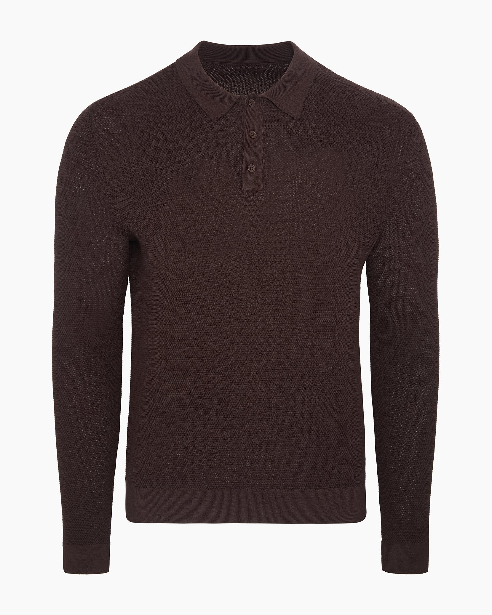 Mens | Cotton Textured Knit Long Sleeve Polo Sweatshirt | Java