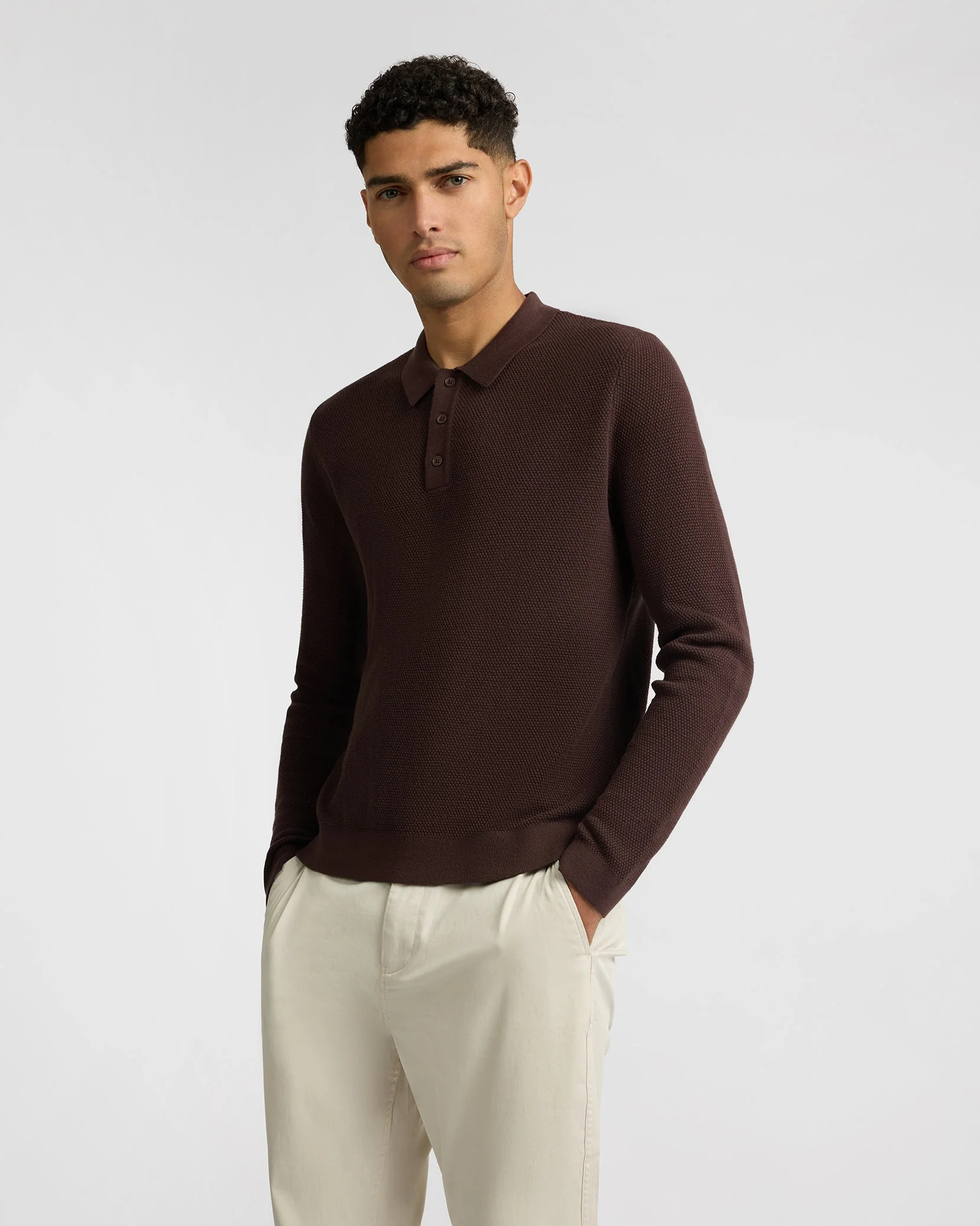 Mens | Cotton Textured Knit Long Sleeve Polo Sweatshirt | Java - Image 2