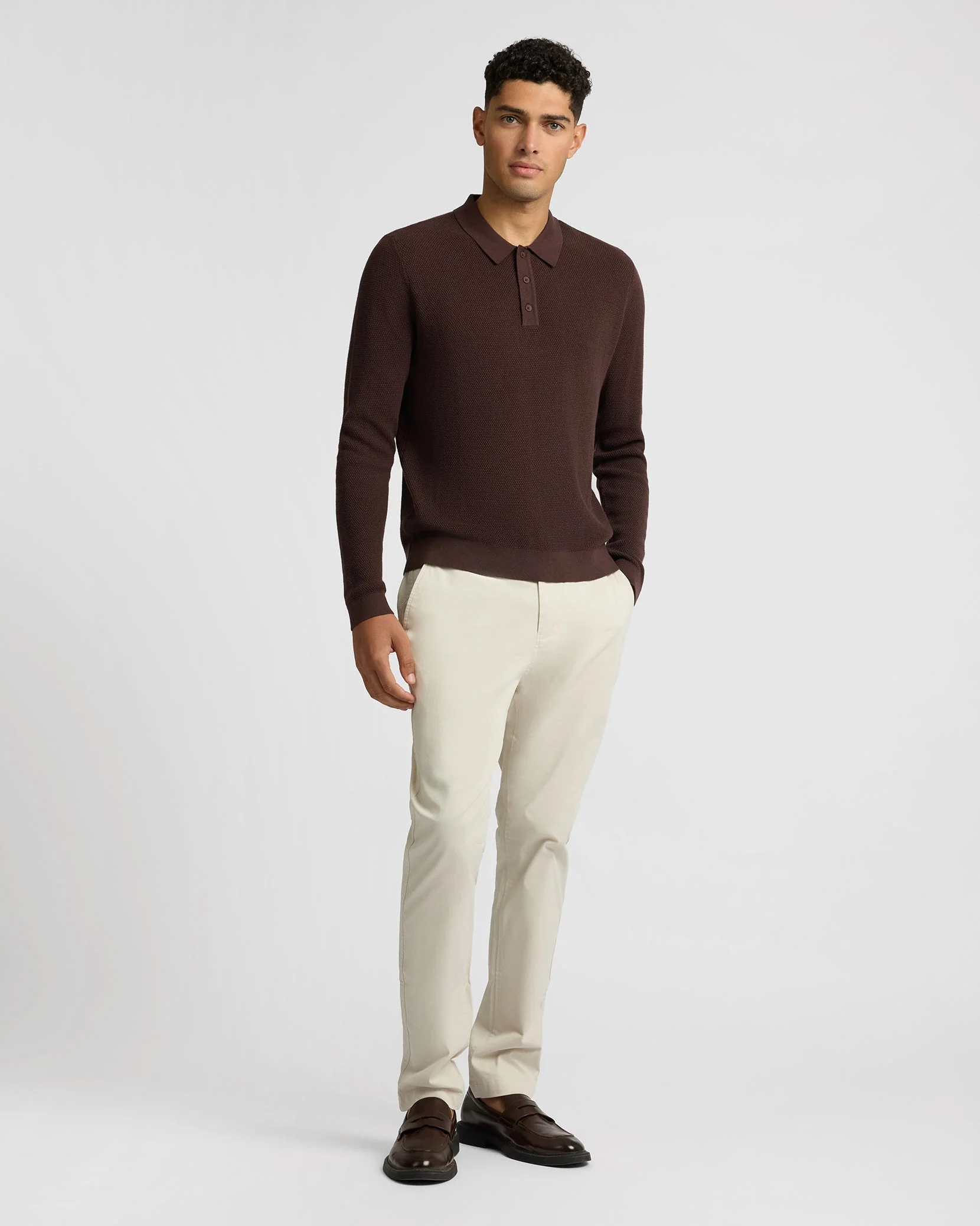 Mens | Cotton Textured Knit Long Sleeve Polo Sweatshirt | Java - Image 4