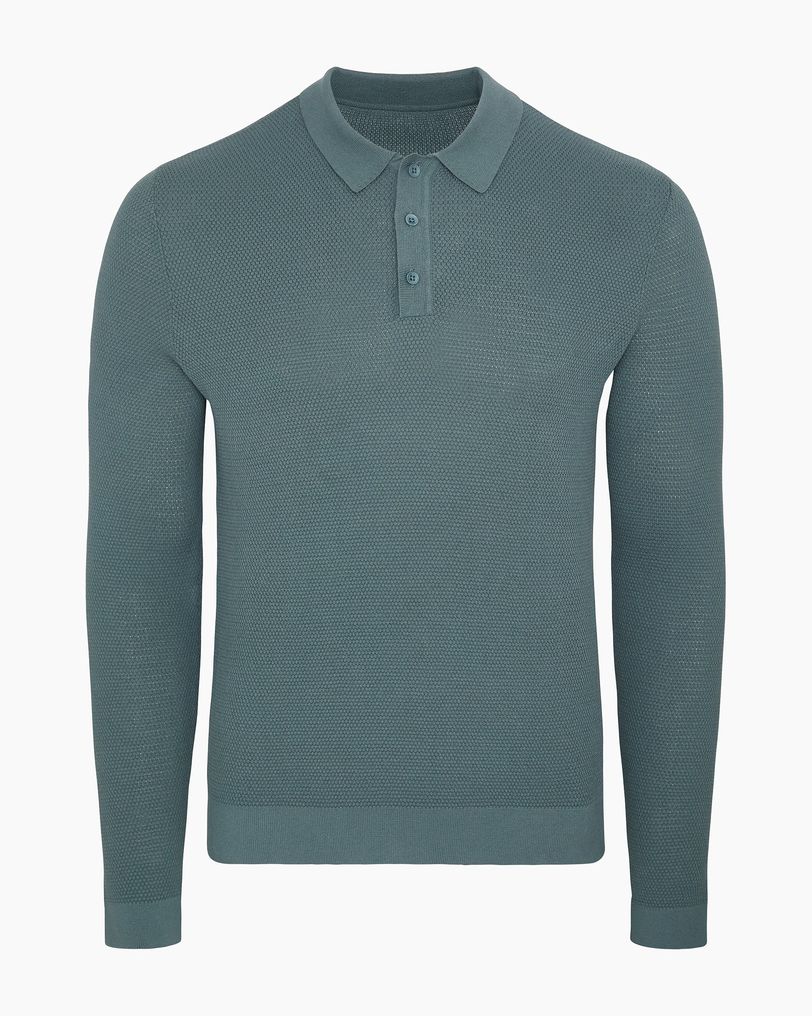 Mens | Cotton Textured Knit Long Sleeve Polo Sweatshirt | Fern