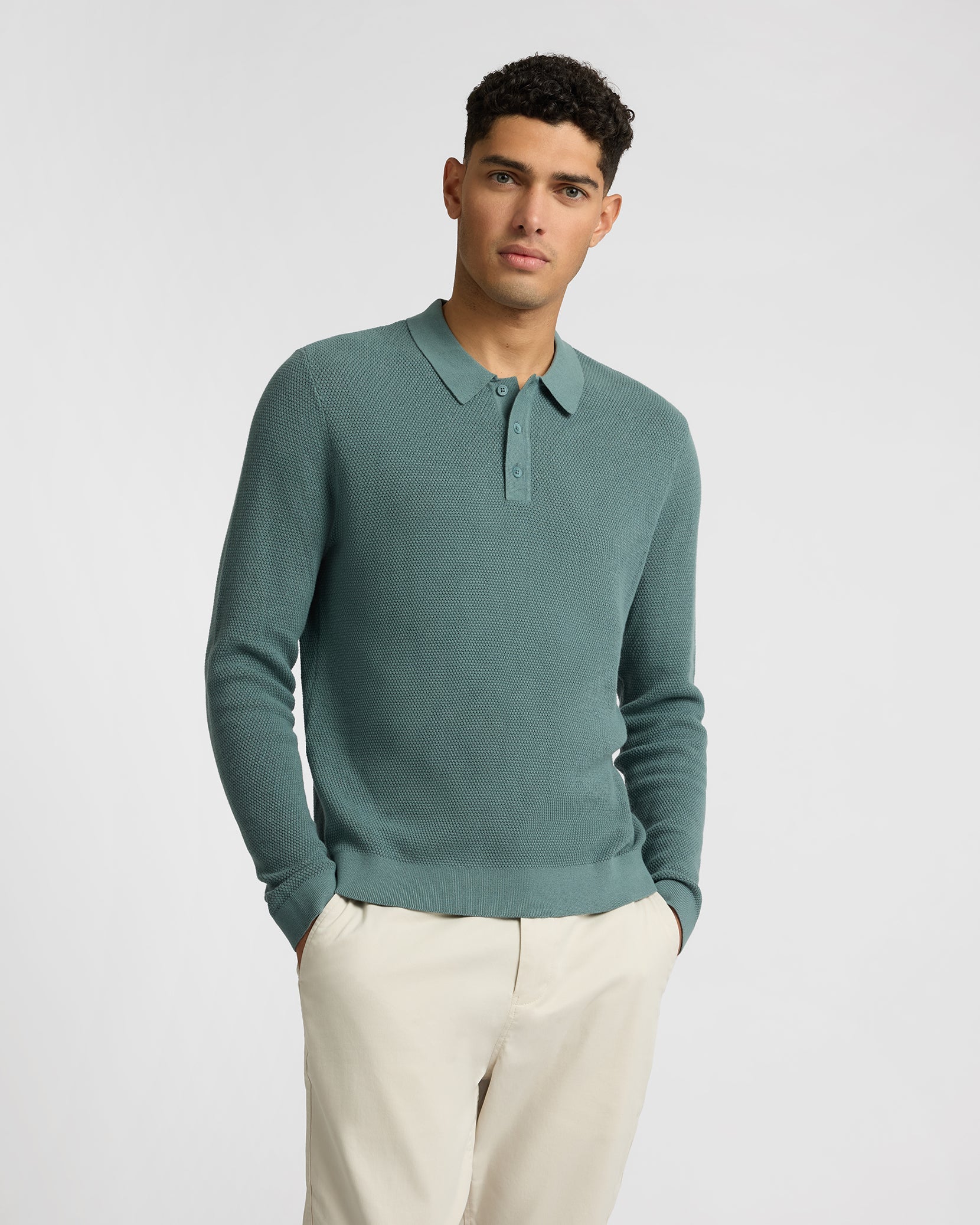 Mens | Cotton Textured Knit Long Sleeve Polo Sweatshirt | Fern - Image 2