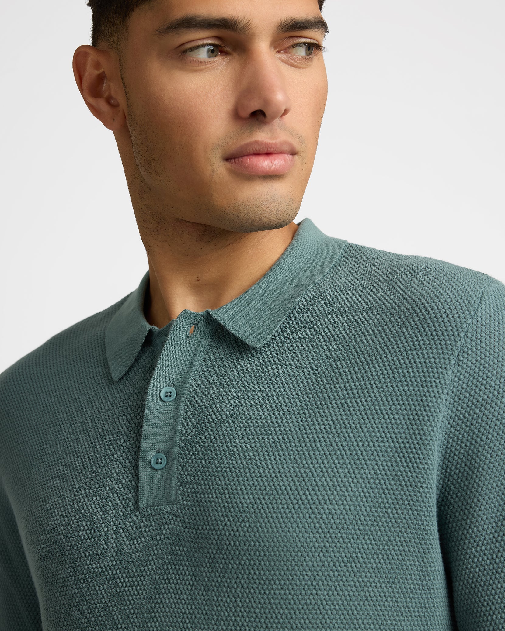 Mens | Cotton Textured Knit Long Sleeve Polo Sweatshirt | Fern - Image 3