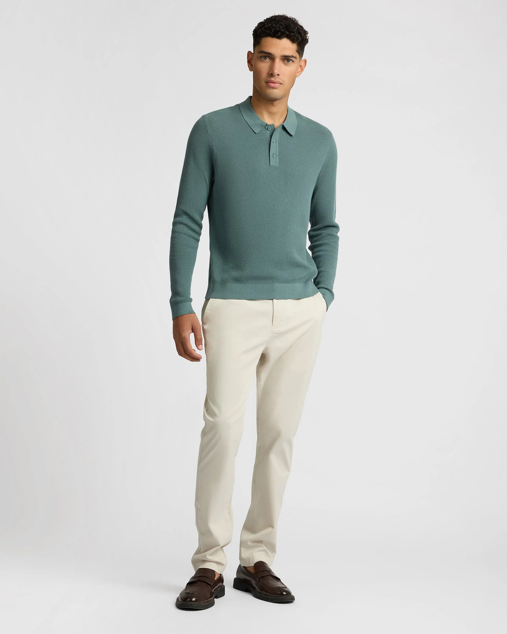 Mens | Cotton Textured Knit Long Sleeve Polo Sweatshirt | Fern - Image 4