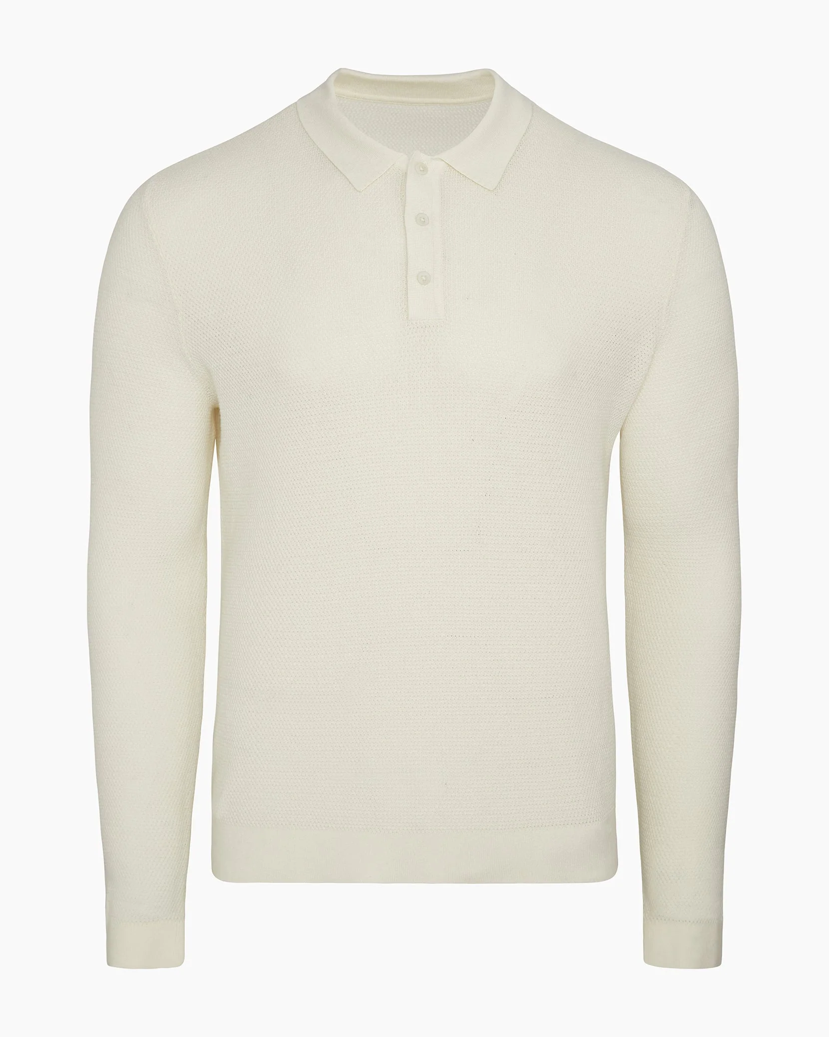 Mens | Cotton Textured Knit Long Sleeve Polo Sweatshirt | Ecru