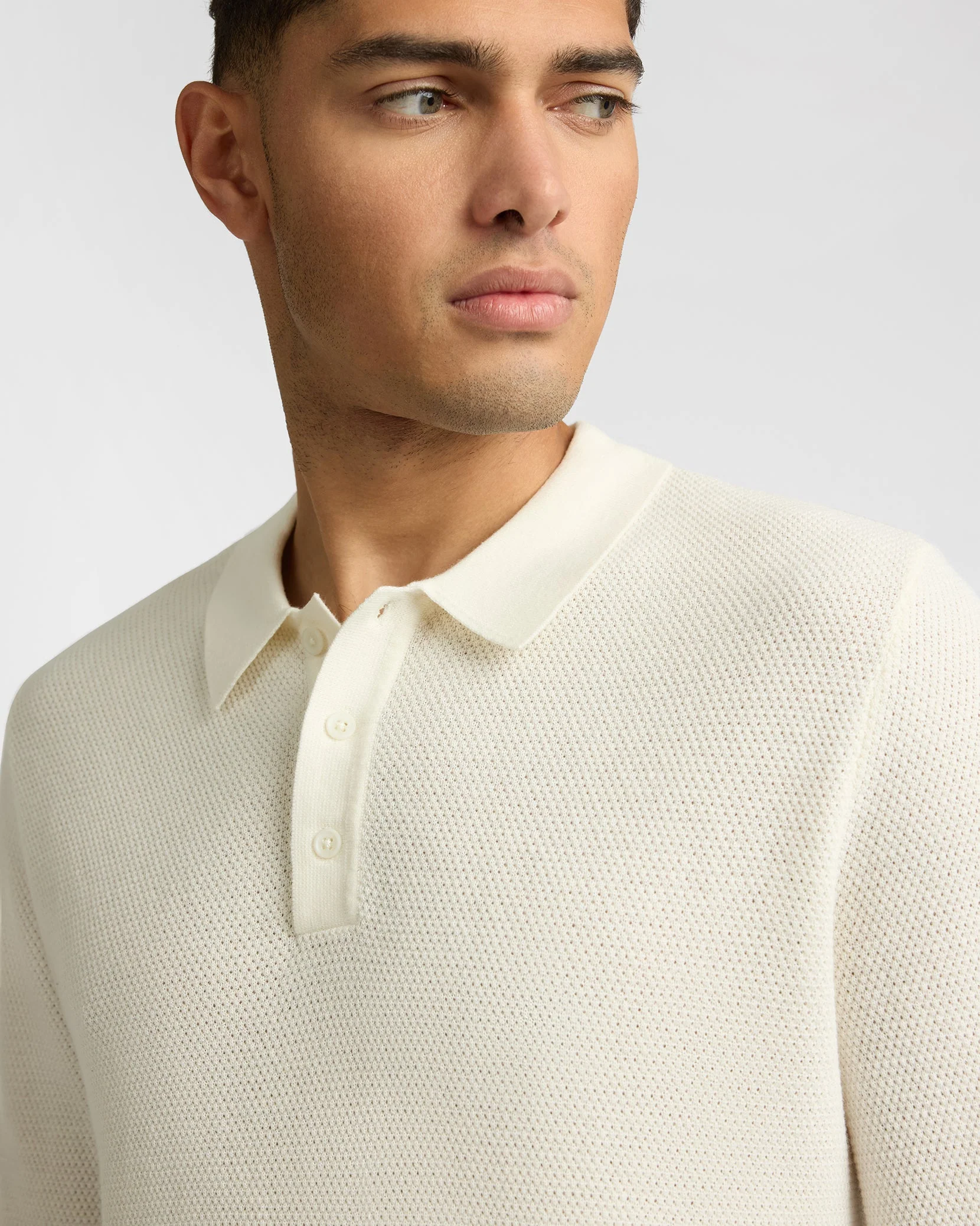 Mens | Cotton Textured Knit Long Sleeve Polo Sweatshirt | Ecru - Image 3