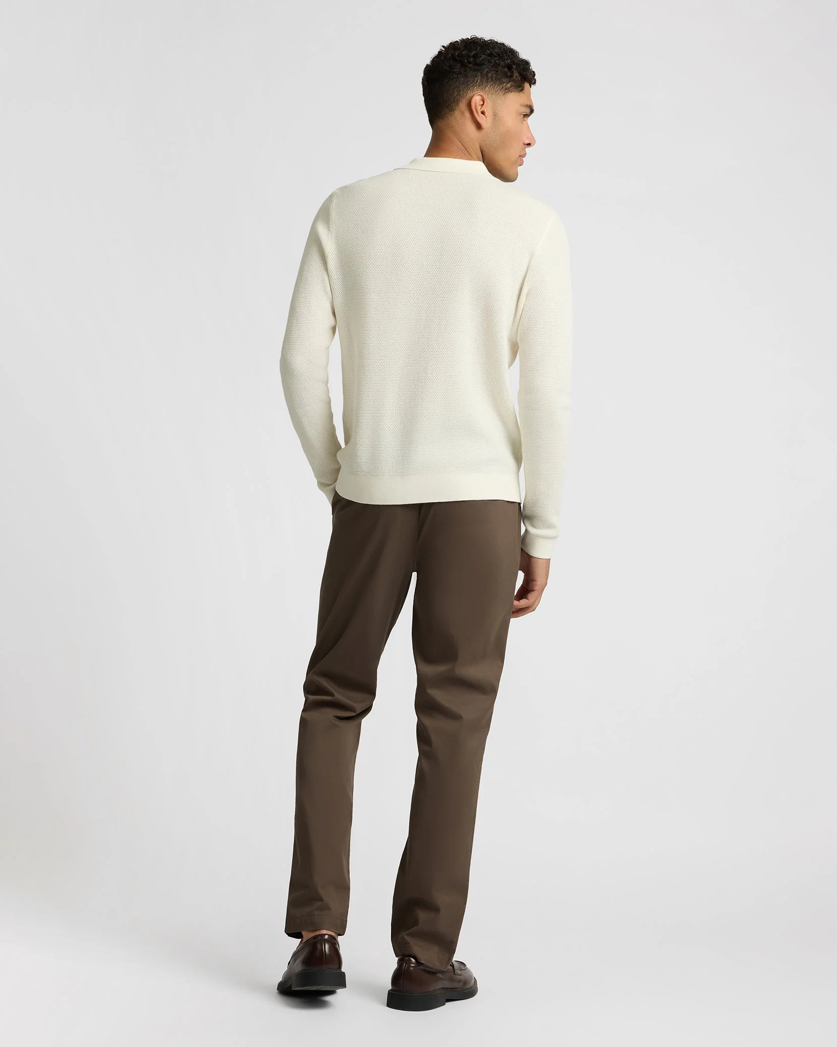Mens | Cotton Textured Knit Long Sleeve Polo Sweatshirt | Ecru - Image 5