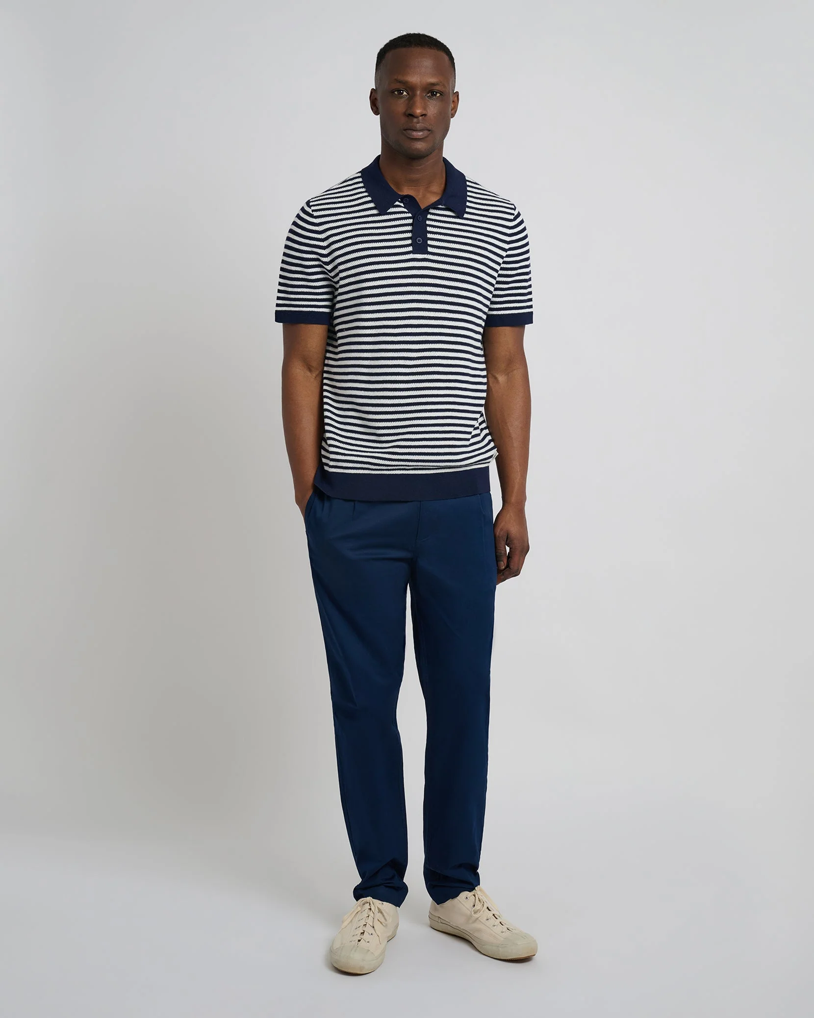 Mens | Cotton Textured Knit Polo | Deep Navy/White - Image 4