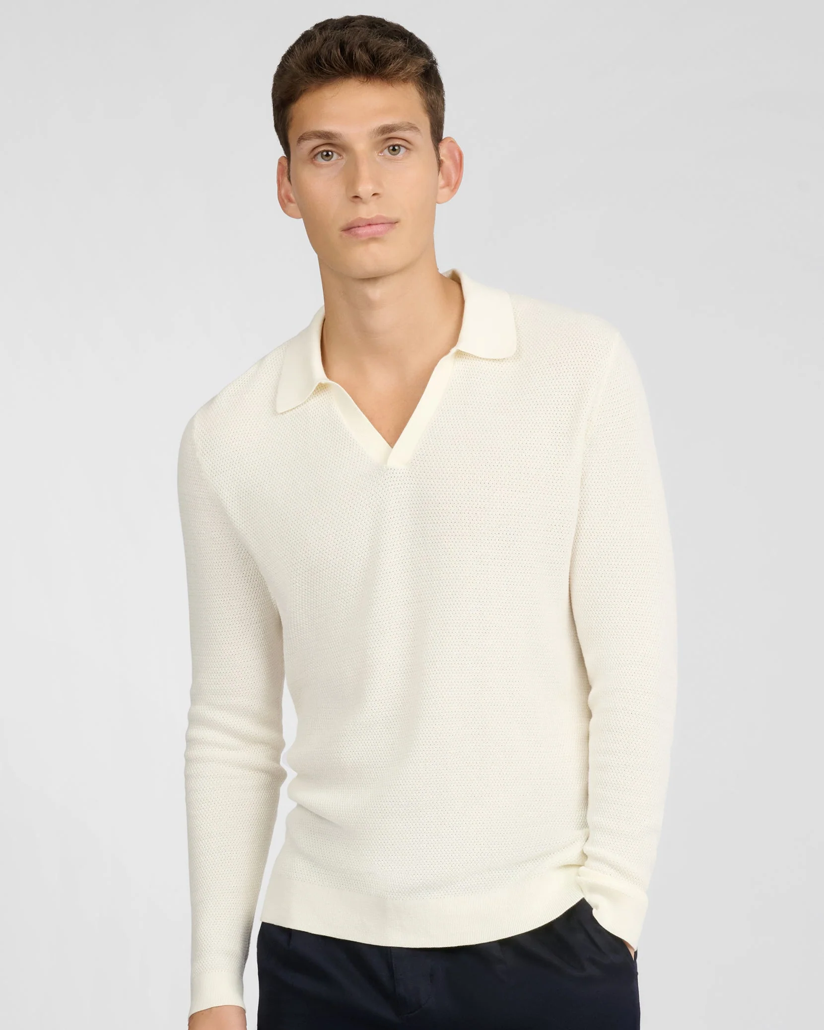 Mens | Cotton Textured Long Sleeve Johnny Polo | Egret - Image 2