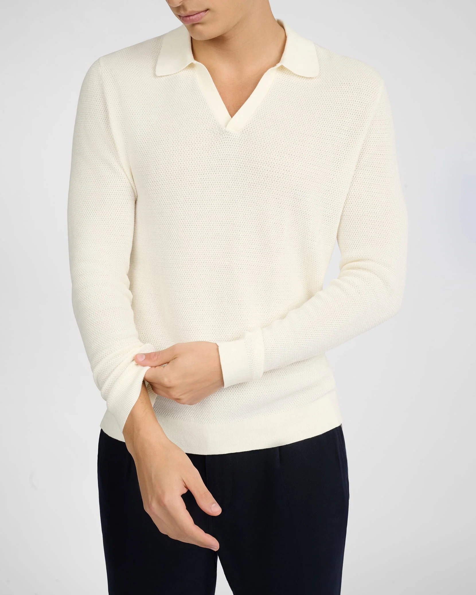 Mens | Cotton Textured Long Sleeve Johnny Polo | Egret - Image 3