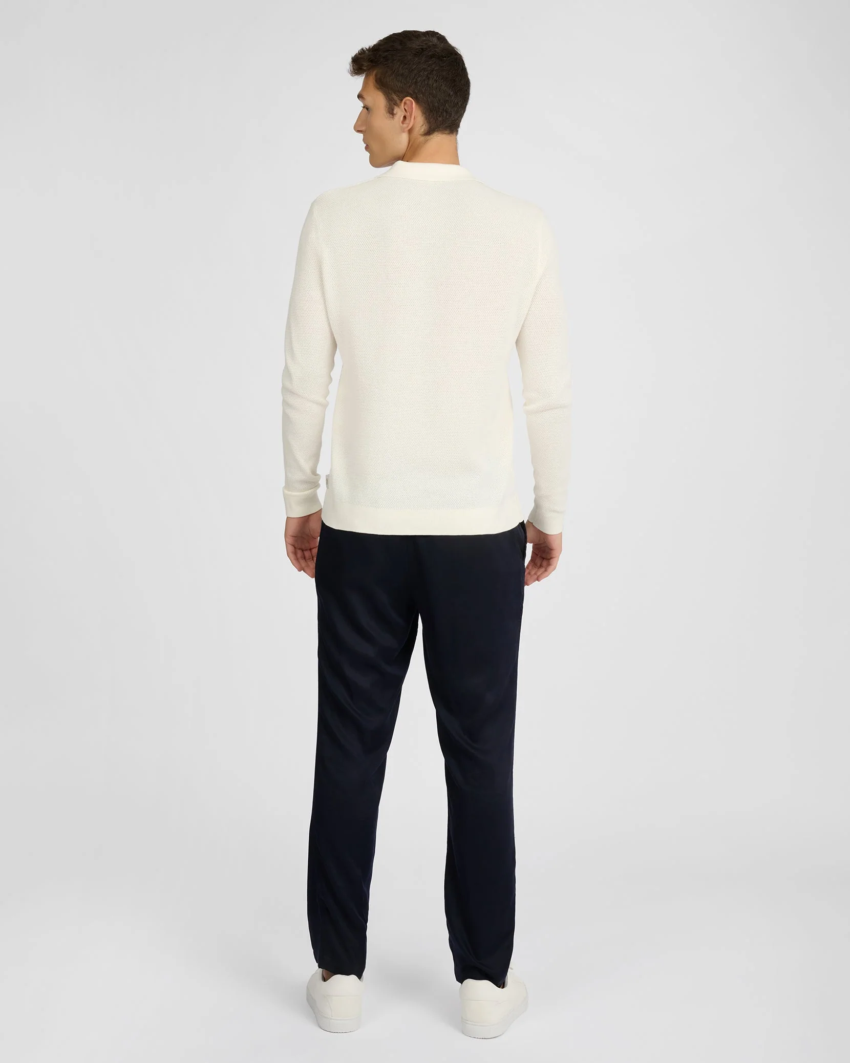 Mens | Cotton Textured Long Sleeve Johnny Polo | Egret - Image 5