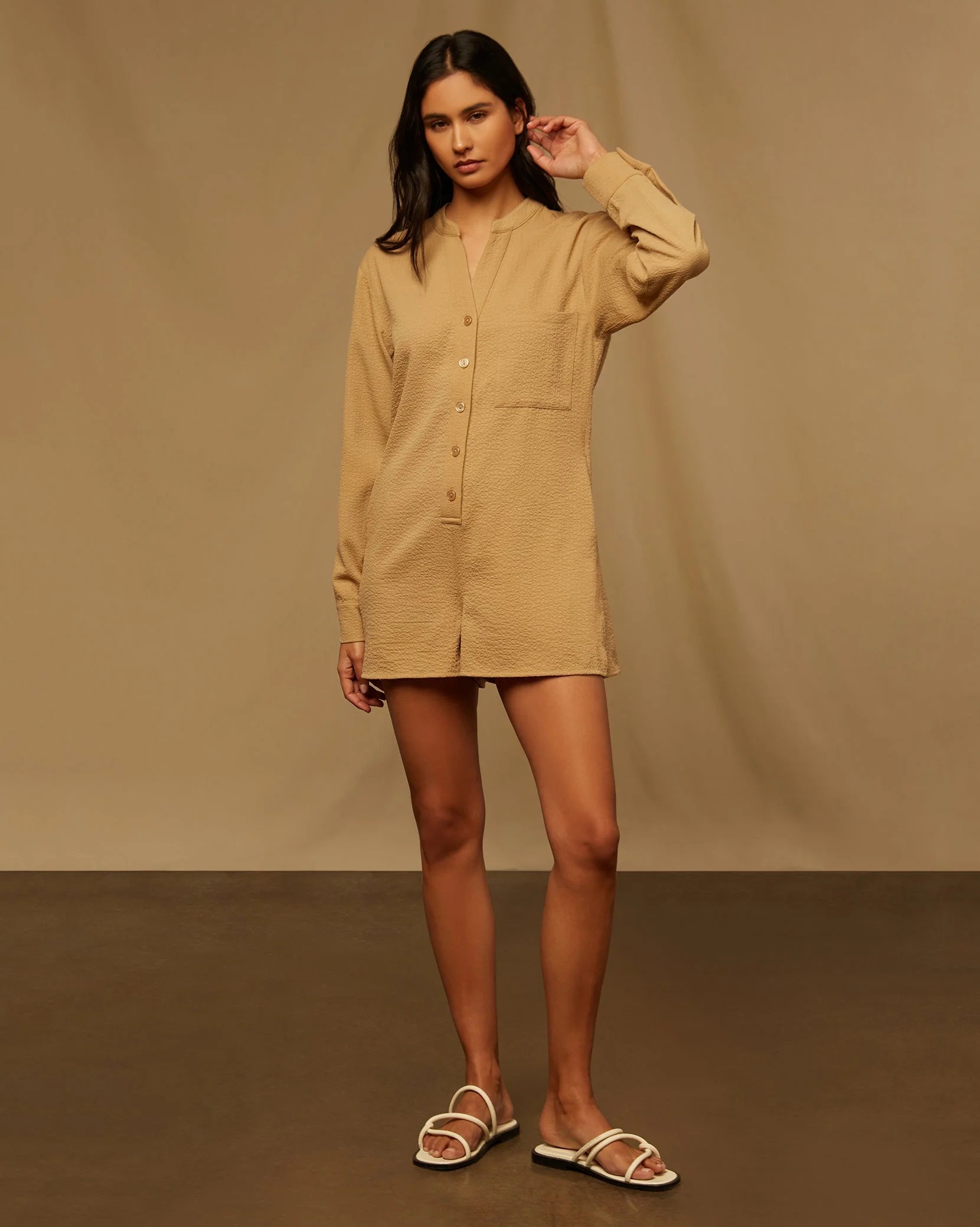 Womens | Crinkle Button Down Romper | Tan - Image 6