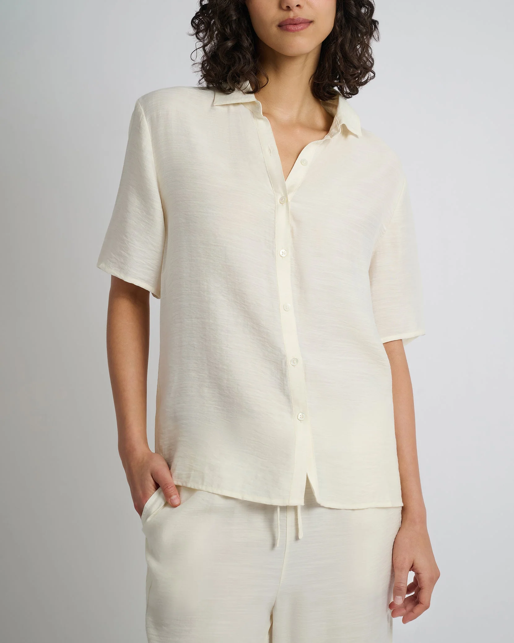 Womens | Crinkle Oversized Short Sleeve Button Up Shirt | Egret