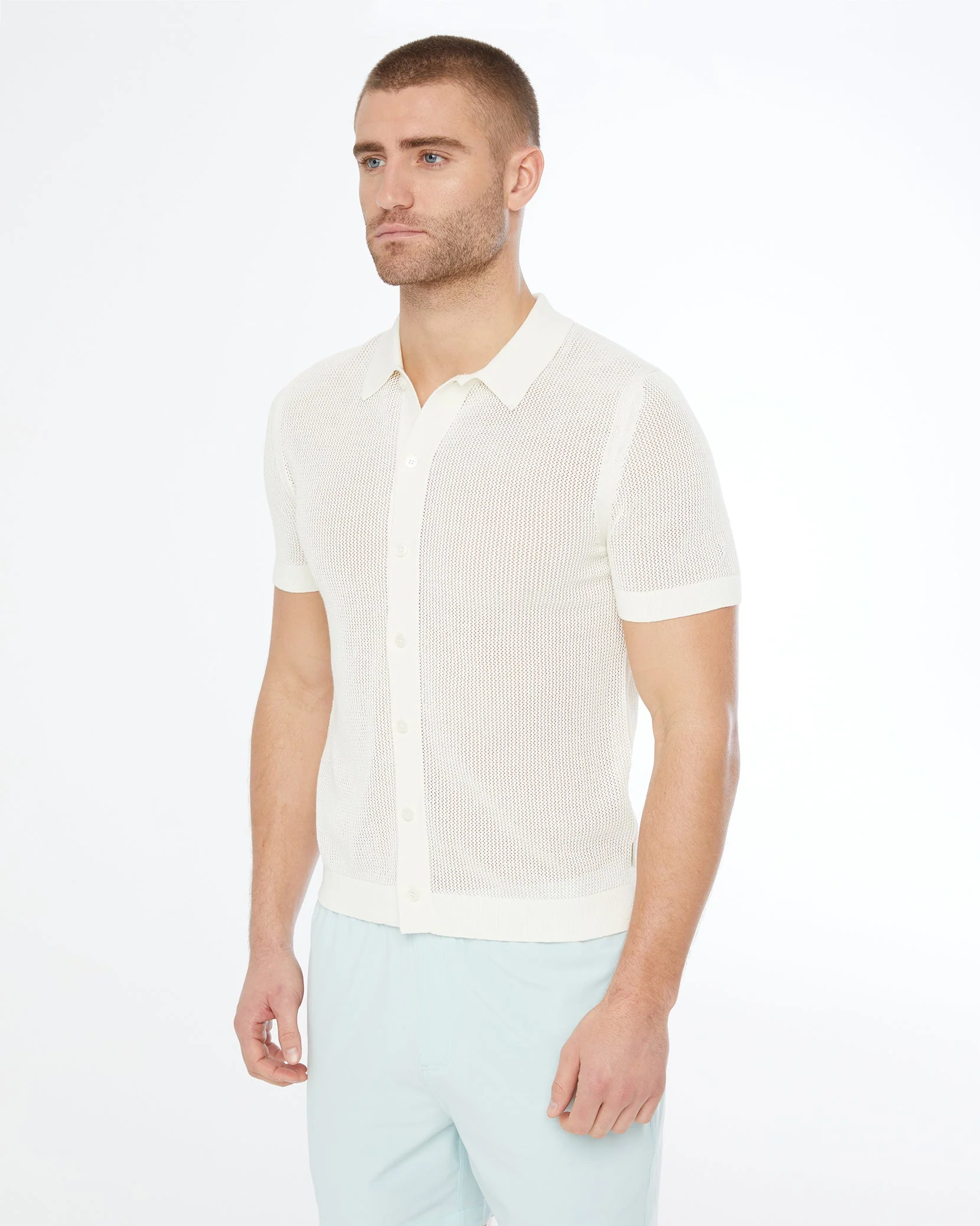 Mens | Crochet Knit Button Up Shirt - I | White