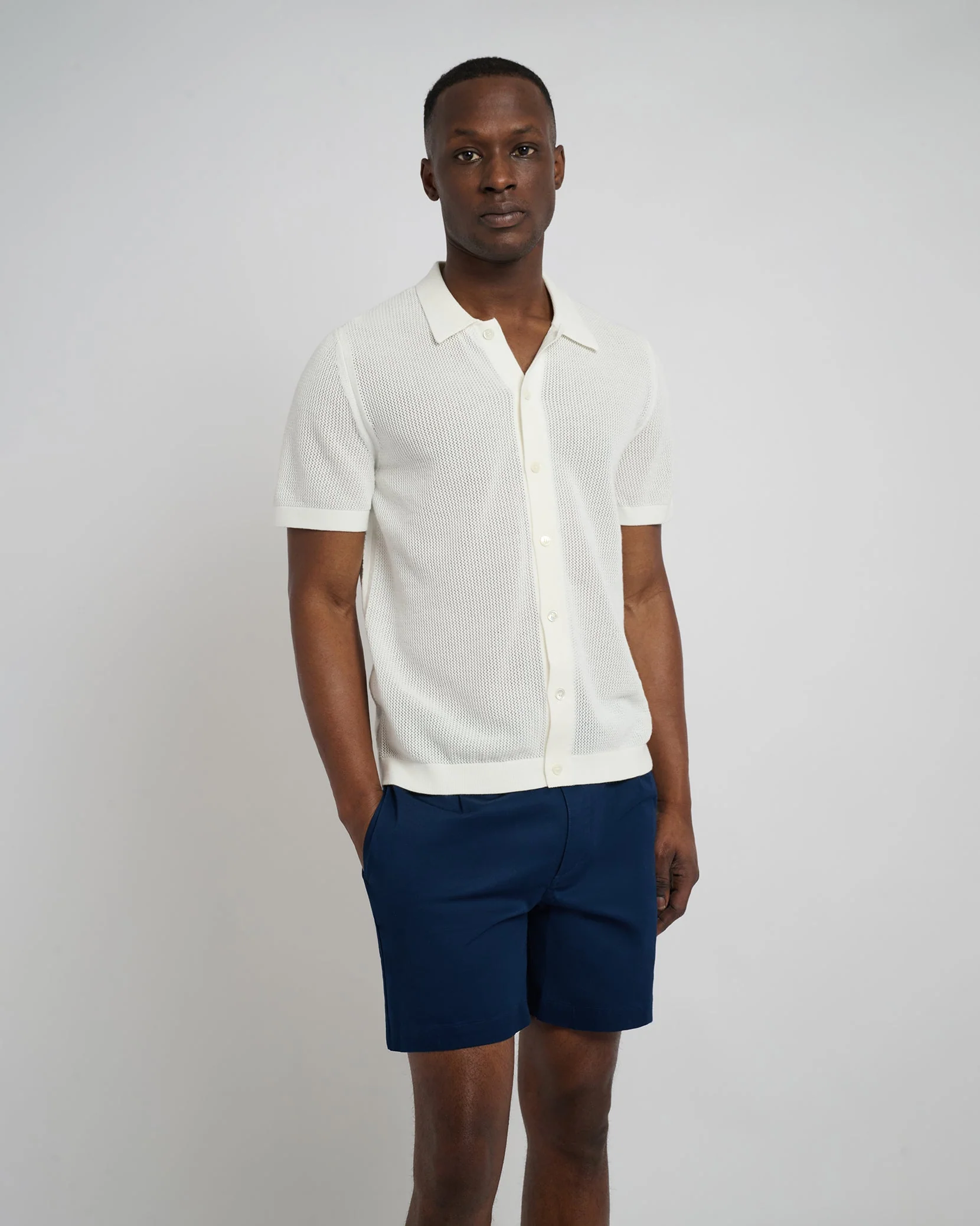 Mens | Crochet Knit Button Up Shirt - II | White - Image 3