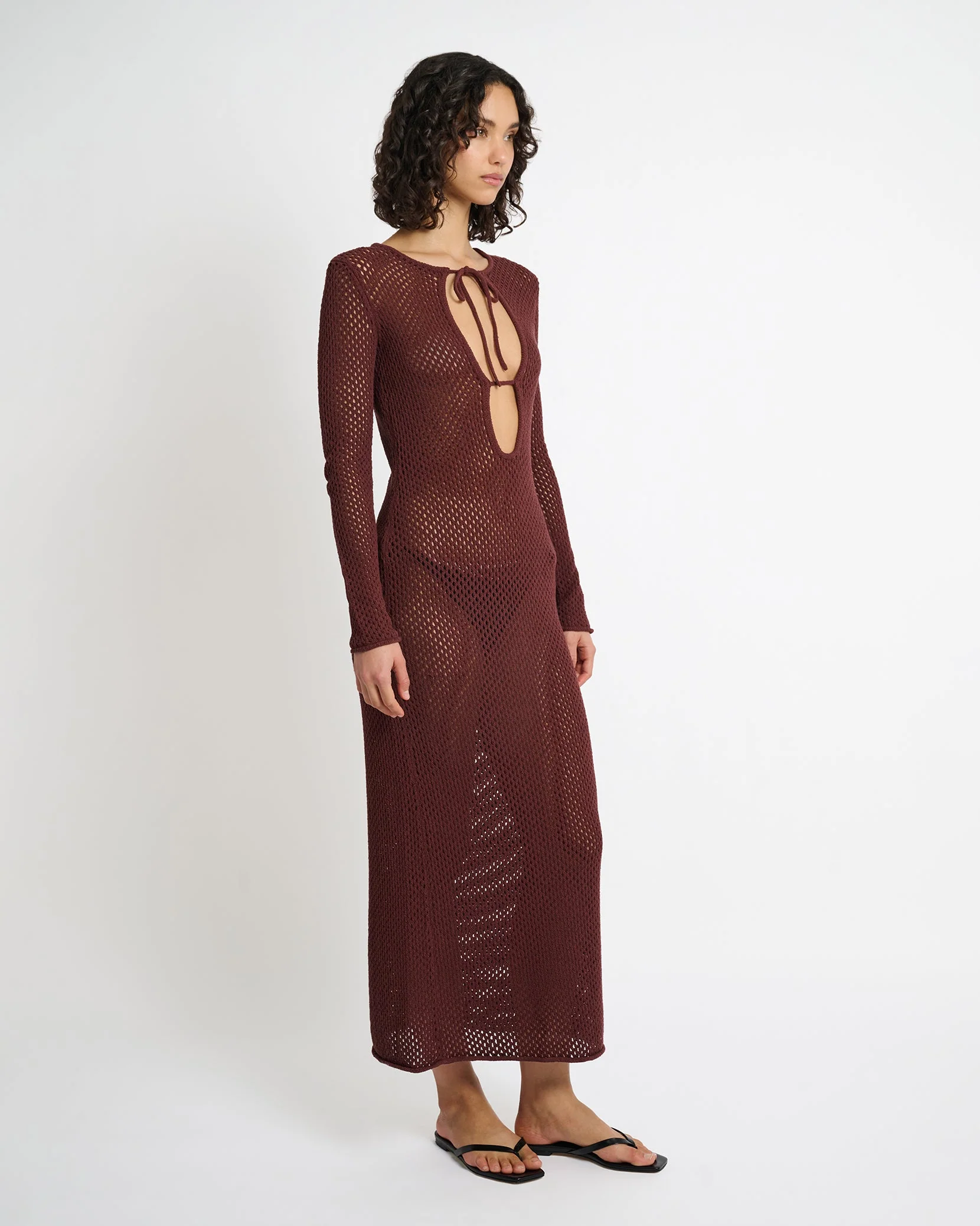 Womens | Crochet Knit Cutout Maxi Dress | Rum - Image 4