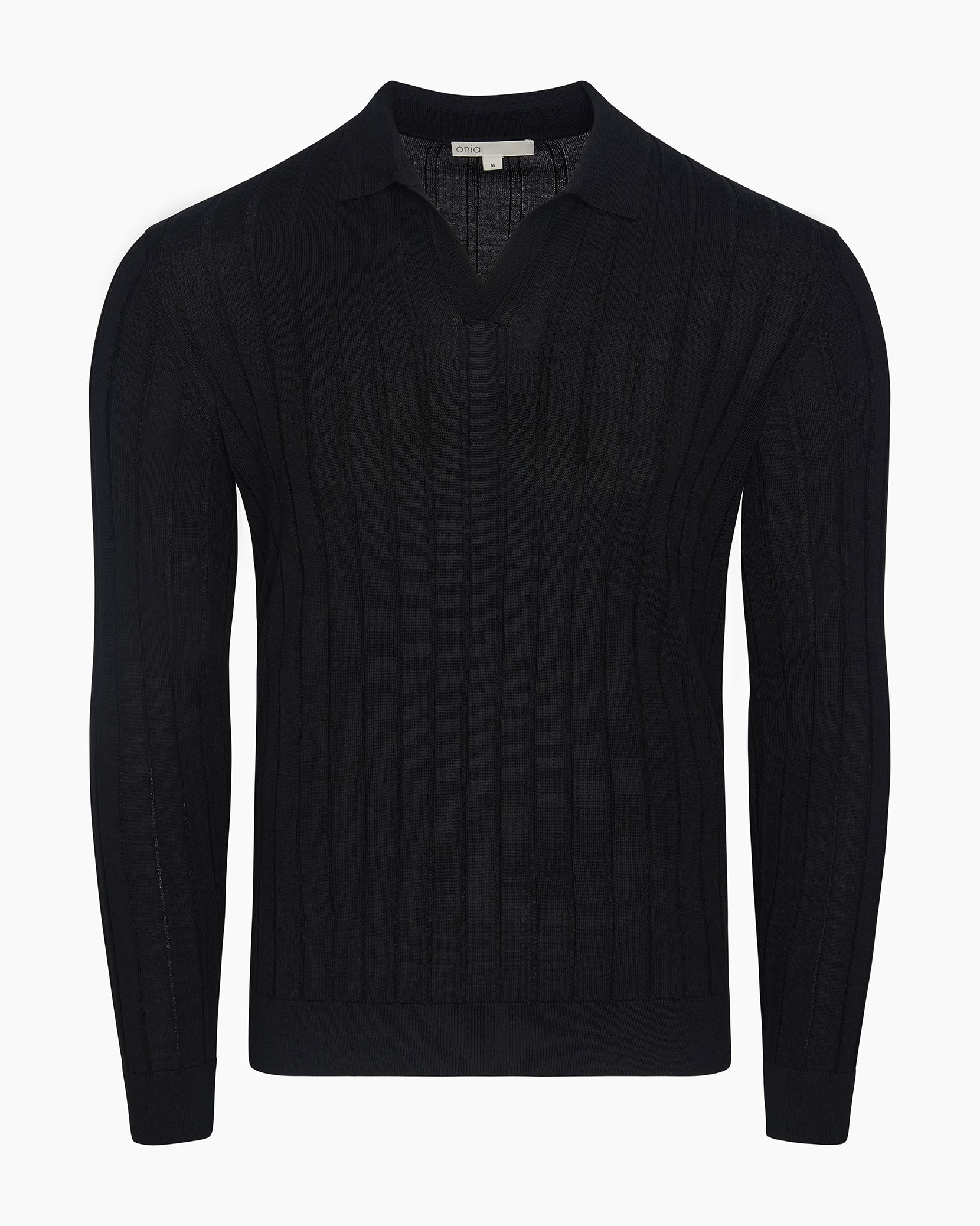 Mens | Extra Fine Merino Wool Long Sleeve Johnny Collar Polo | Black