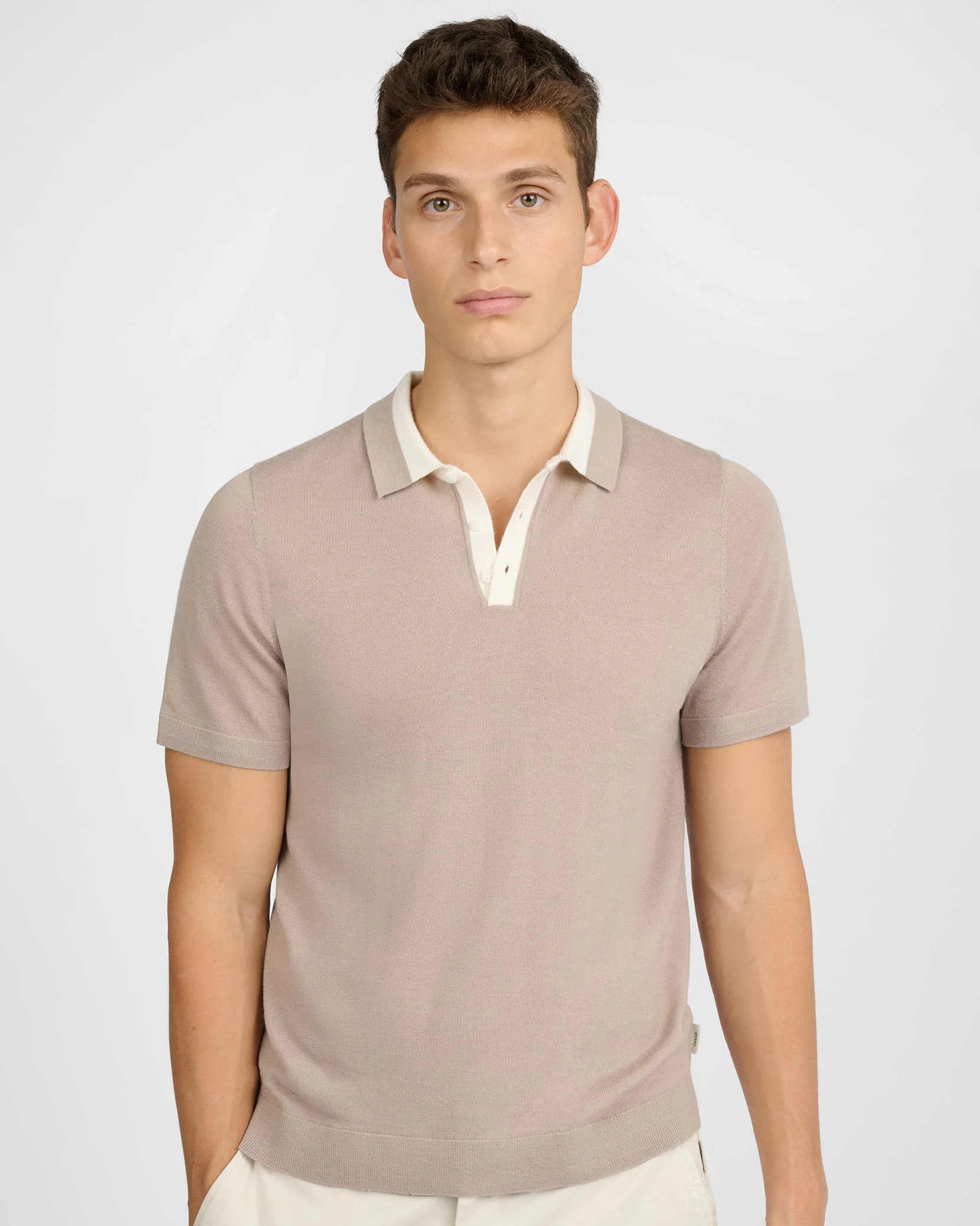 Mens | Extra Fine Merino Wool Polo | Oxford Tan/White - Image 3