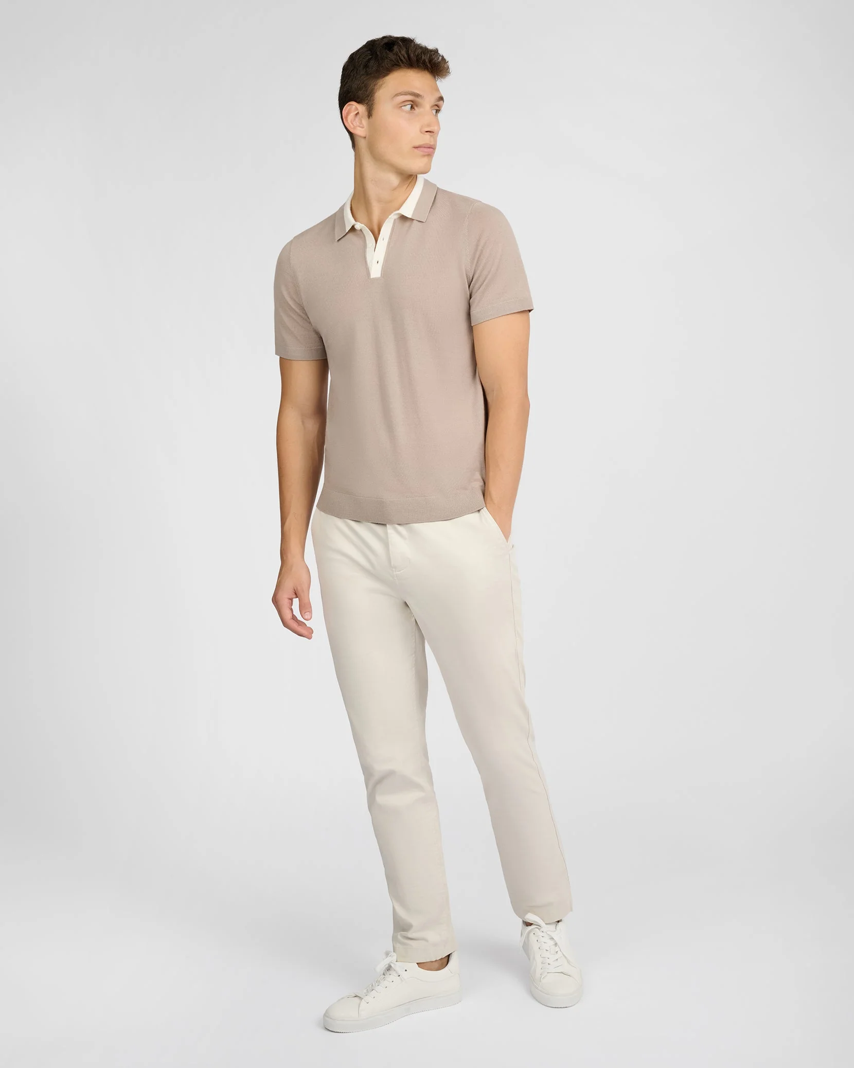 Mens | Extra Fine Merino Wool Polo | Oxford Tan/White - Image 5