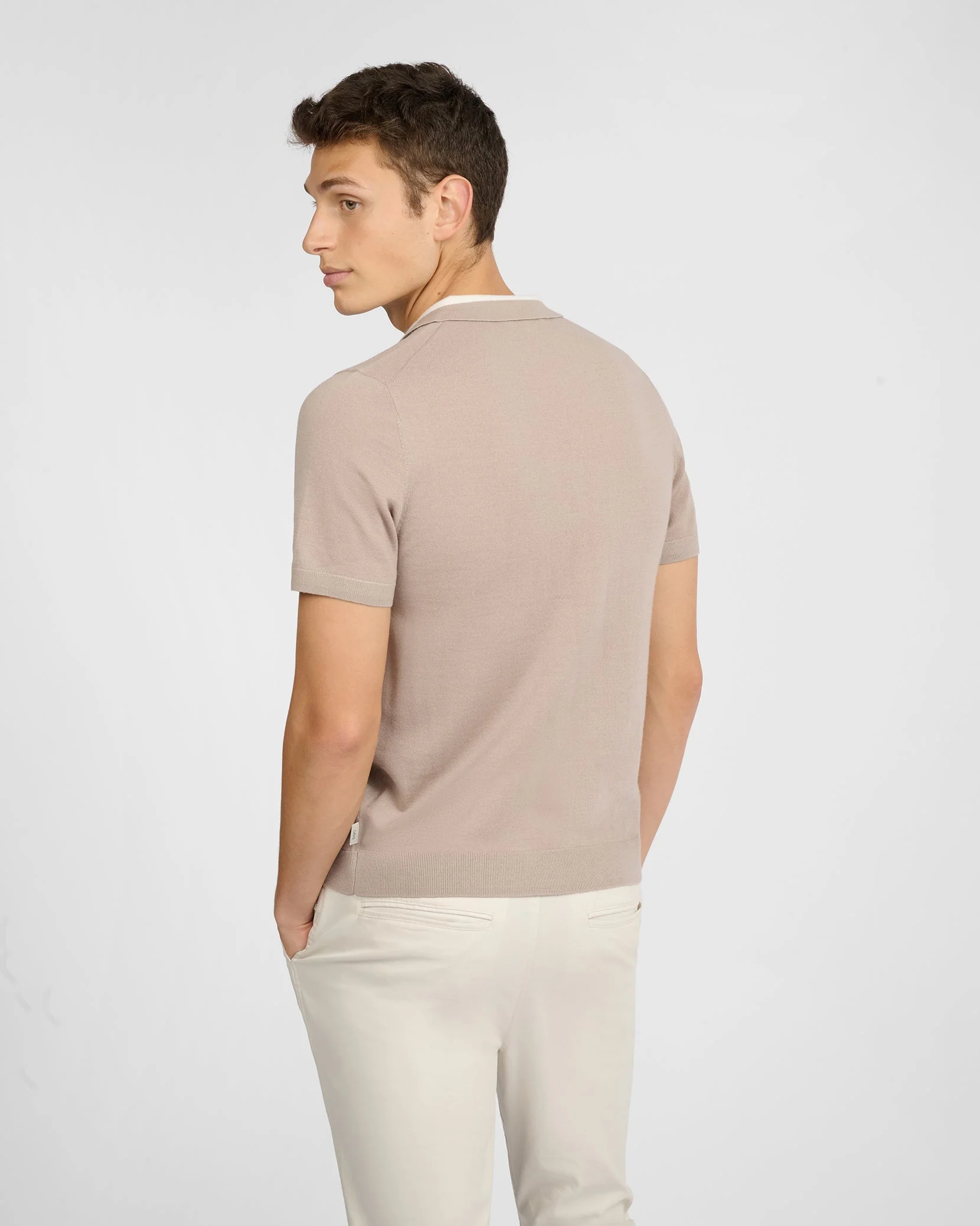 Mens | Extra Fine Merino Wool Polo | Oxford Tan/White - Image 6