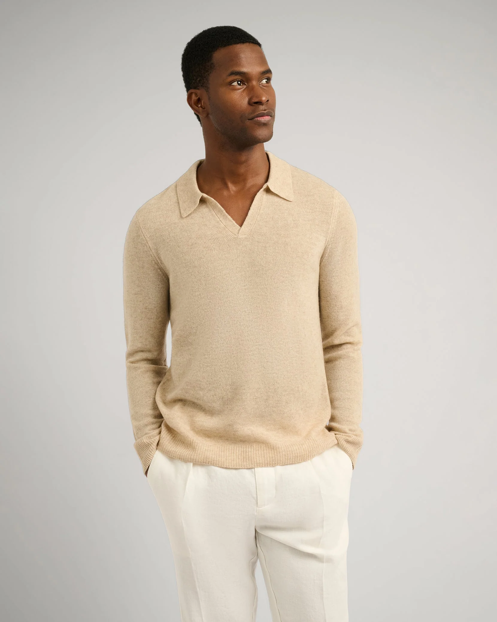 Mens | Featherweight Cashmere Sweater Polo | Stone - Image 2