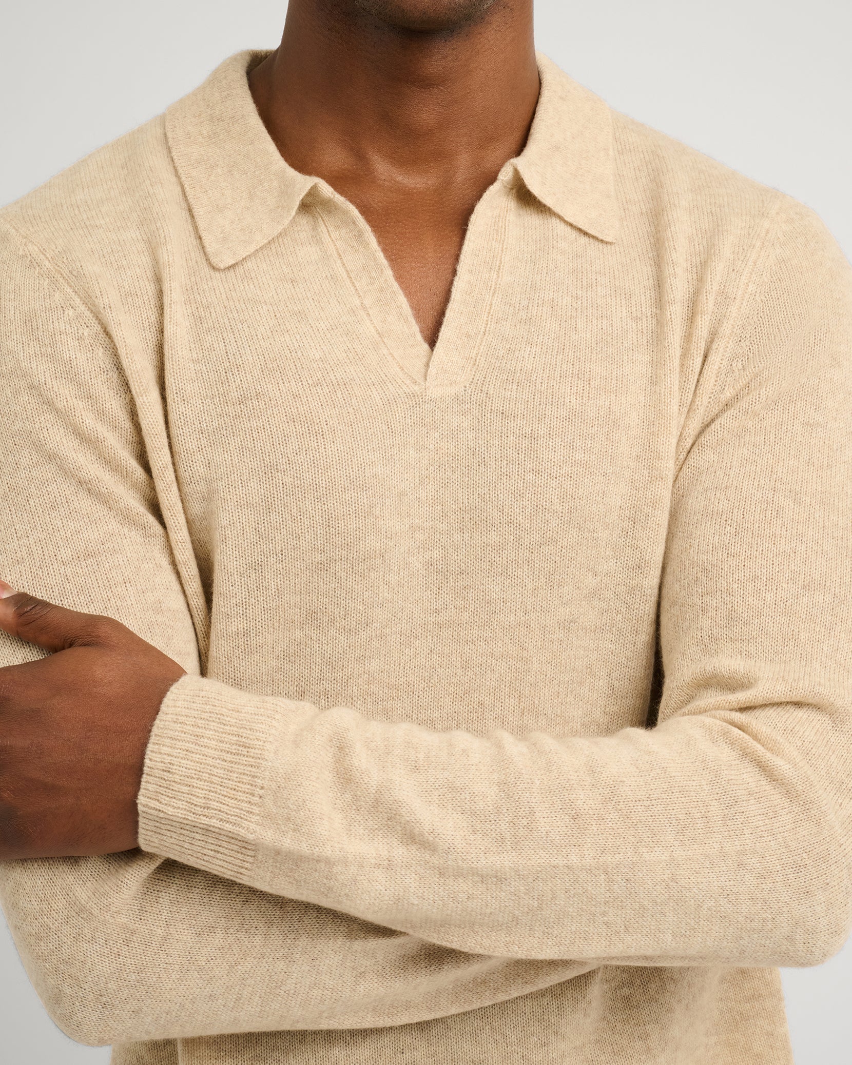Mens | Featherweight Cashmere Sweater Polo | Stone - Image 3