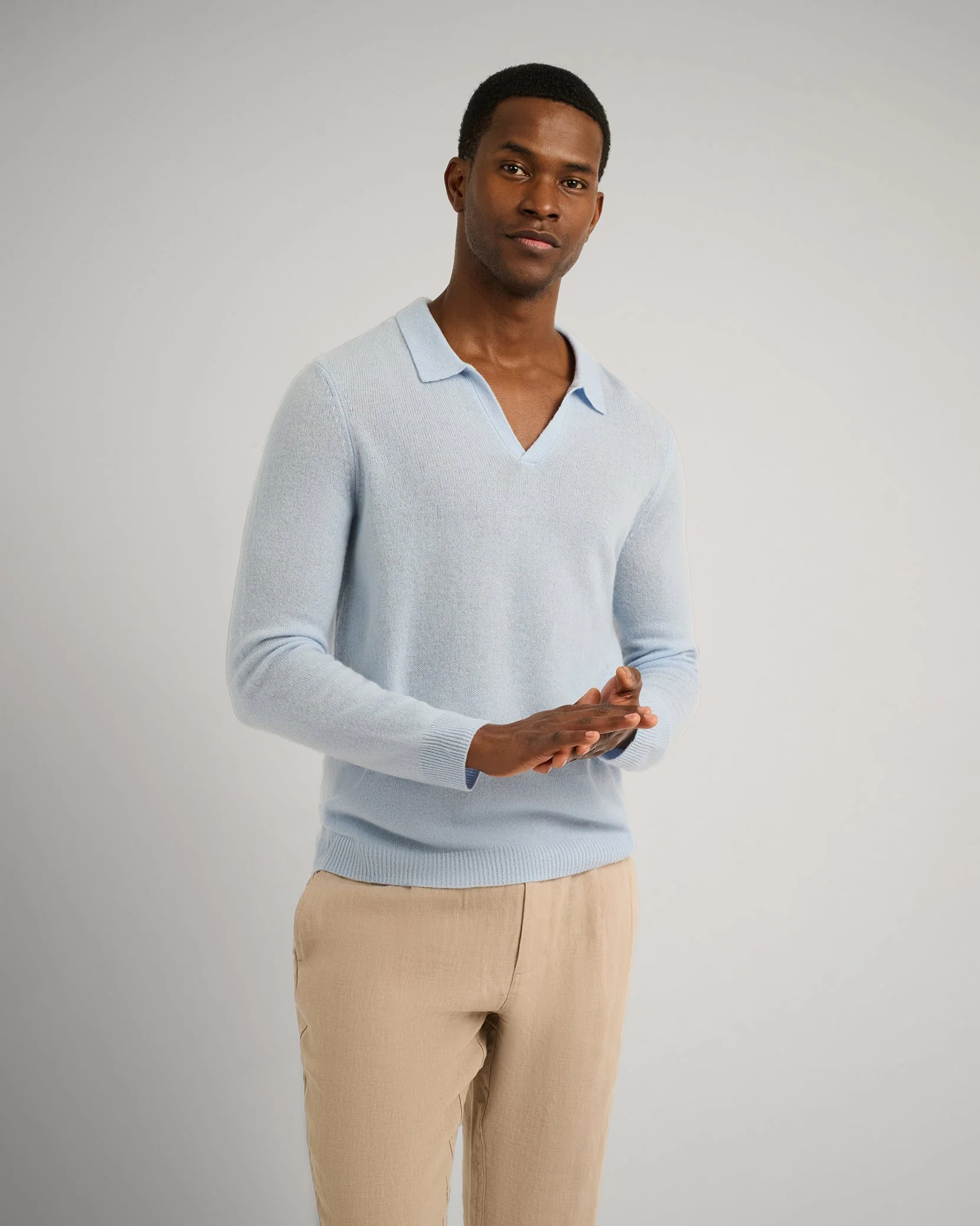 Mens | Featherweight Cashmere Sweater Polo | Soft Sky - Image 2