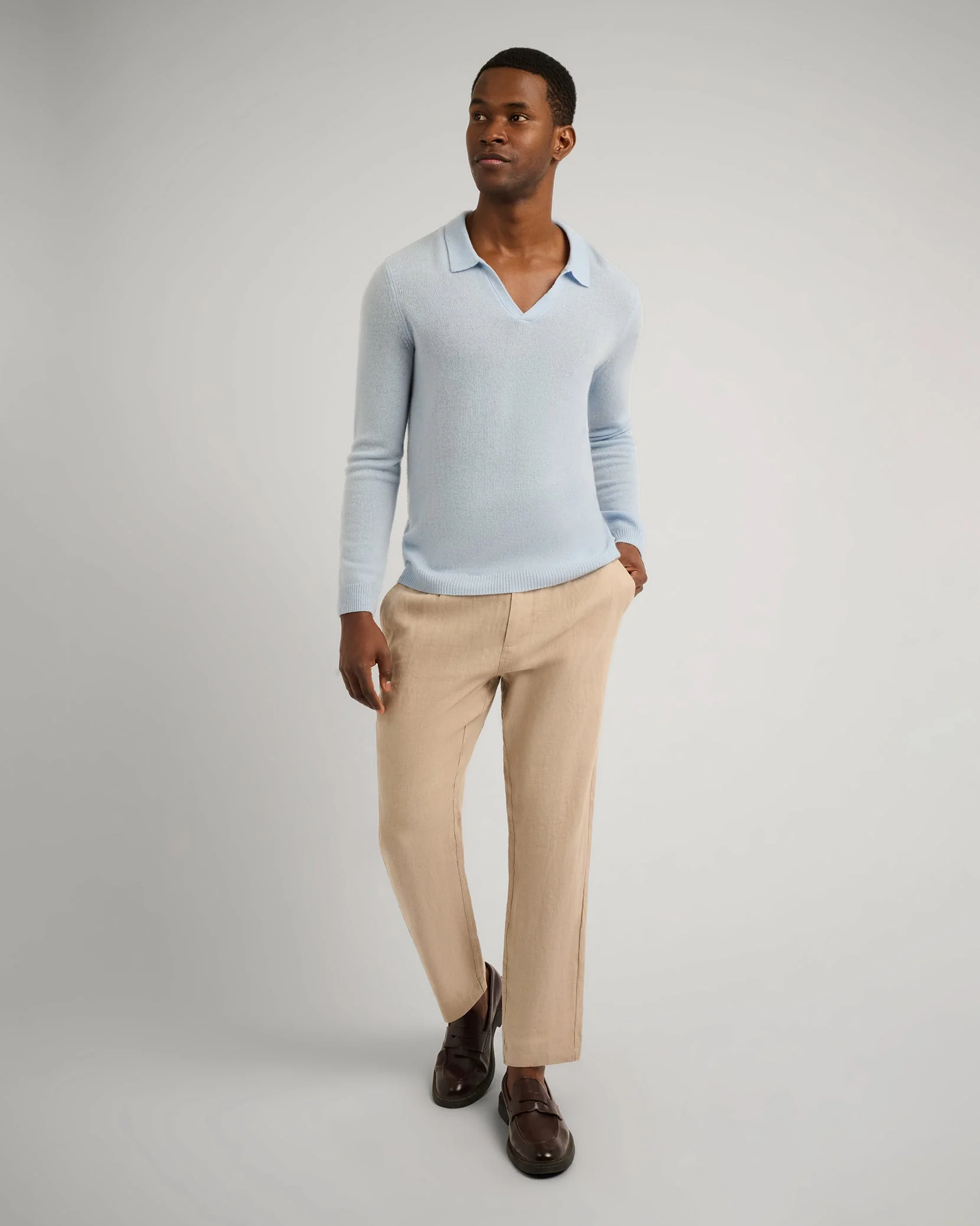 Mens | Featherweight Cashmere Sweater Polo | Soft Sky - Image 4