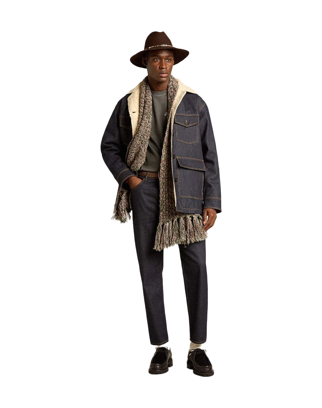 Men | Denim Pea Coat Jacket | Dark Blue x Natural - Image 11