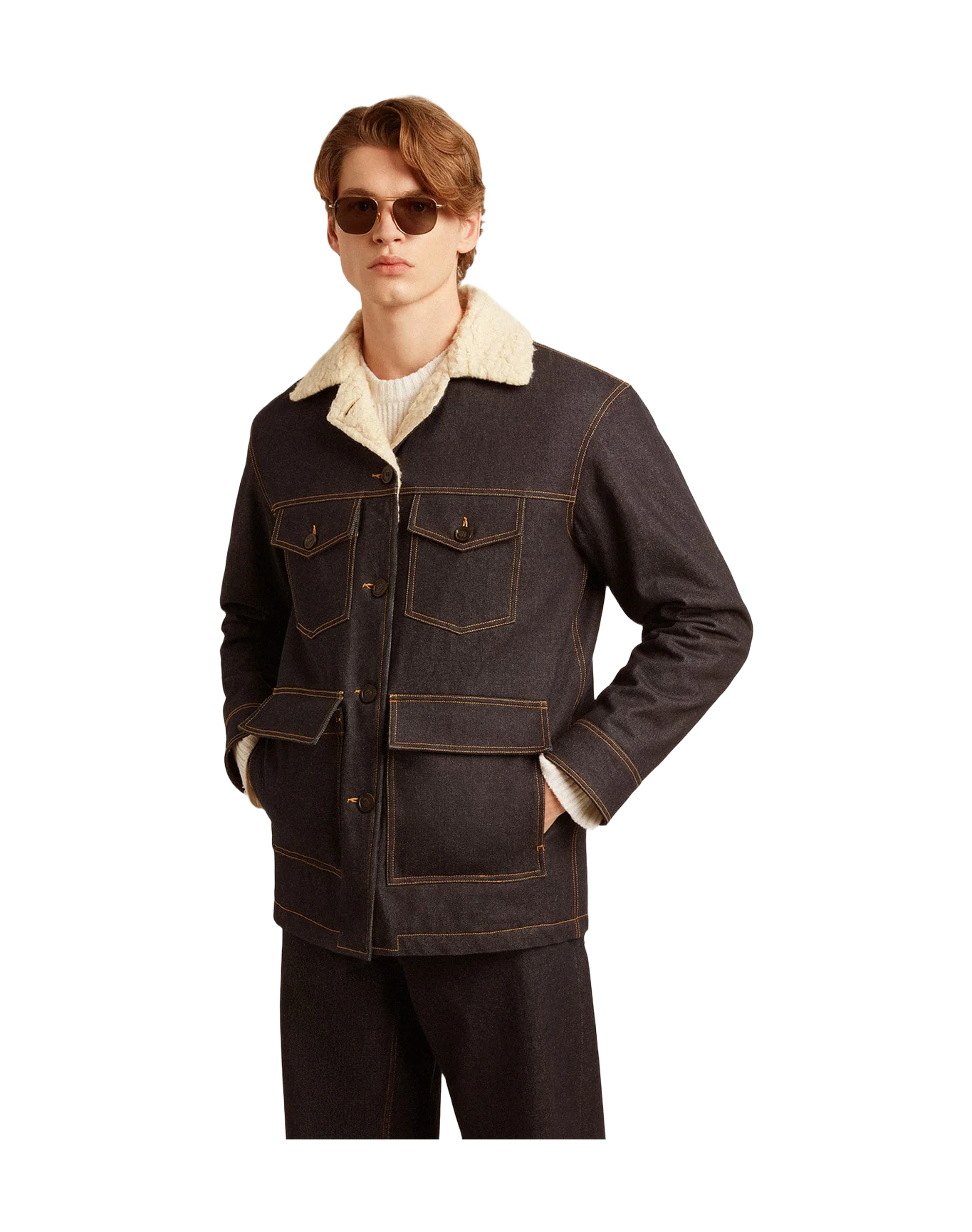 Men | Denim Pea Coat Jacket | Dark Blue x Natural - Image 12