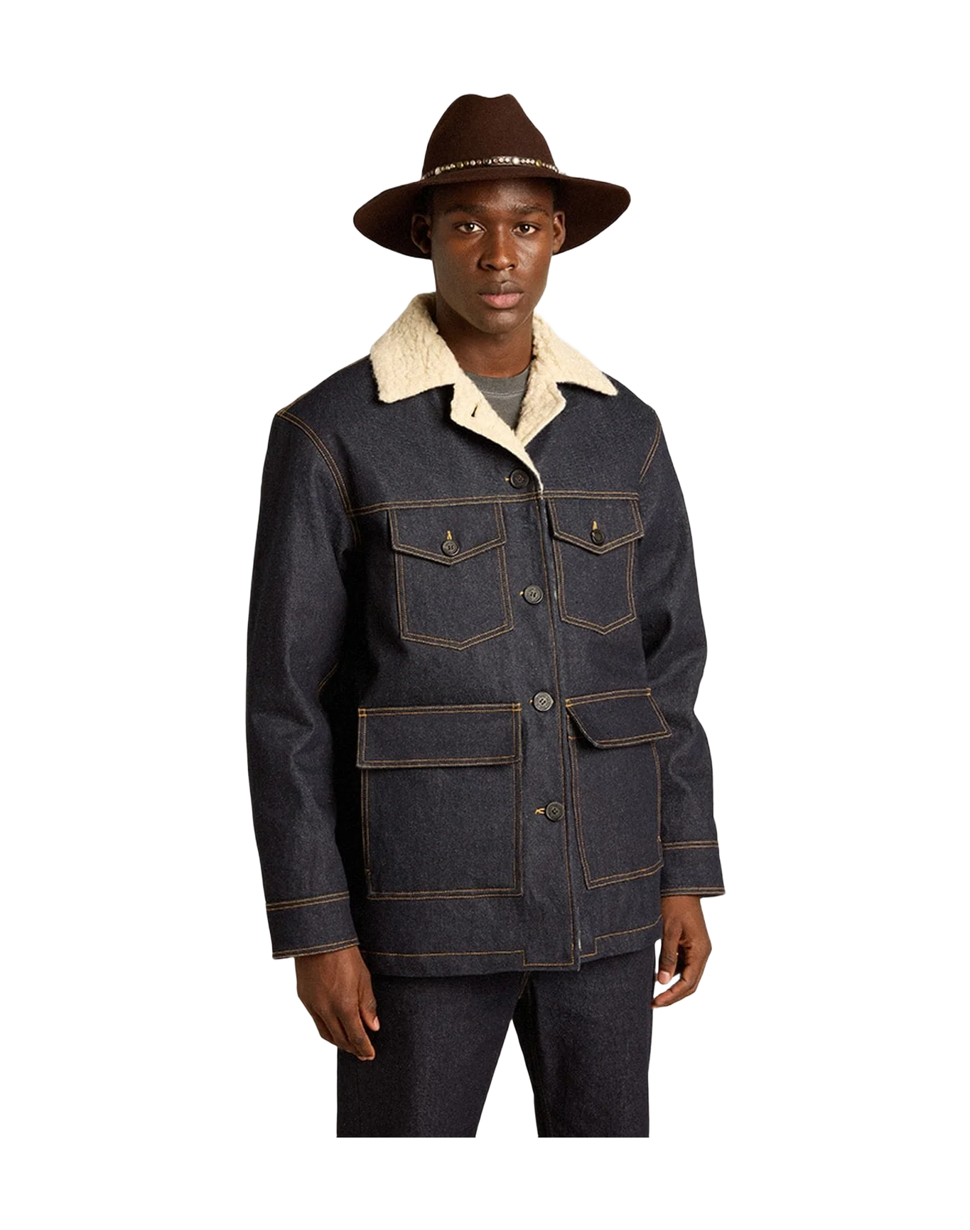 Men | Denim Pea Coat Jacket | Dark Blue x Natural - Image 2